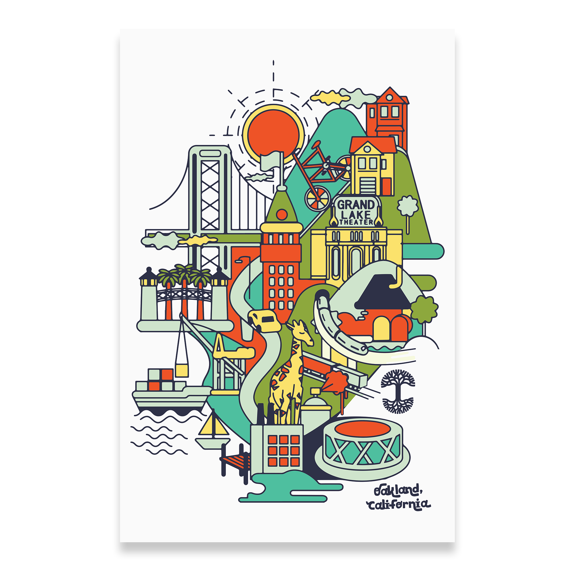 The Town Toonz Poster by Oaklandish is a colorful illustration of Oakland featuring landmarks like the Grand Lake Theater and Fox Theater, with symbols such as a giraffe and sailboat against a sunset backdrop. "Oakland, California" is written at the bottom. Size: 11" x 17".