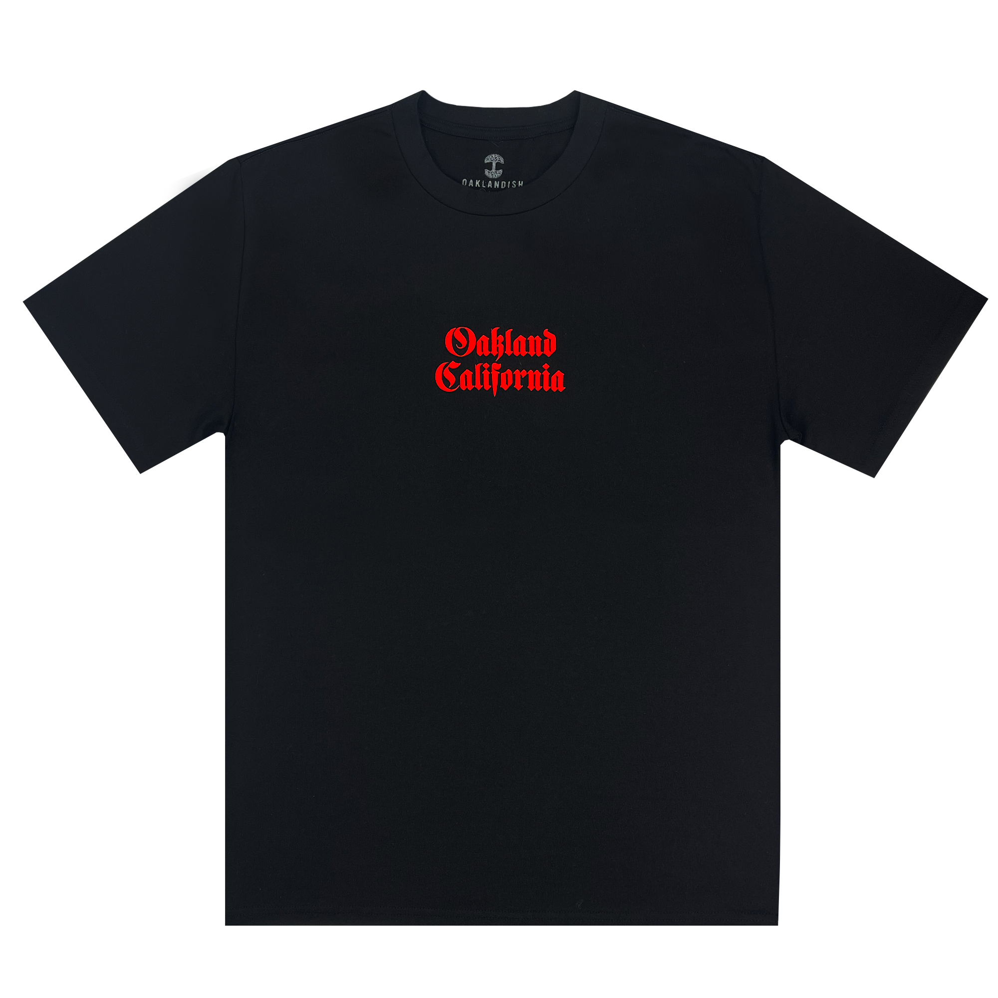 Front view of black tee with Oakland California printed centered in red ink.