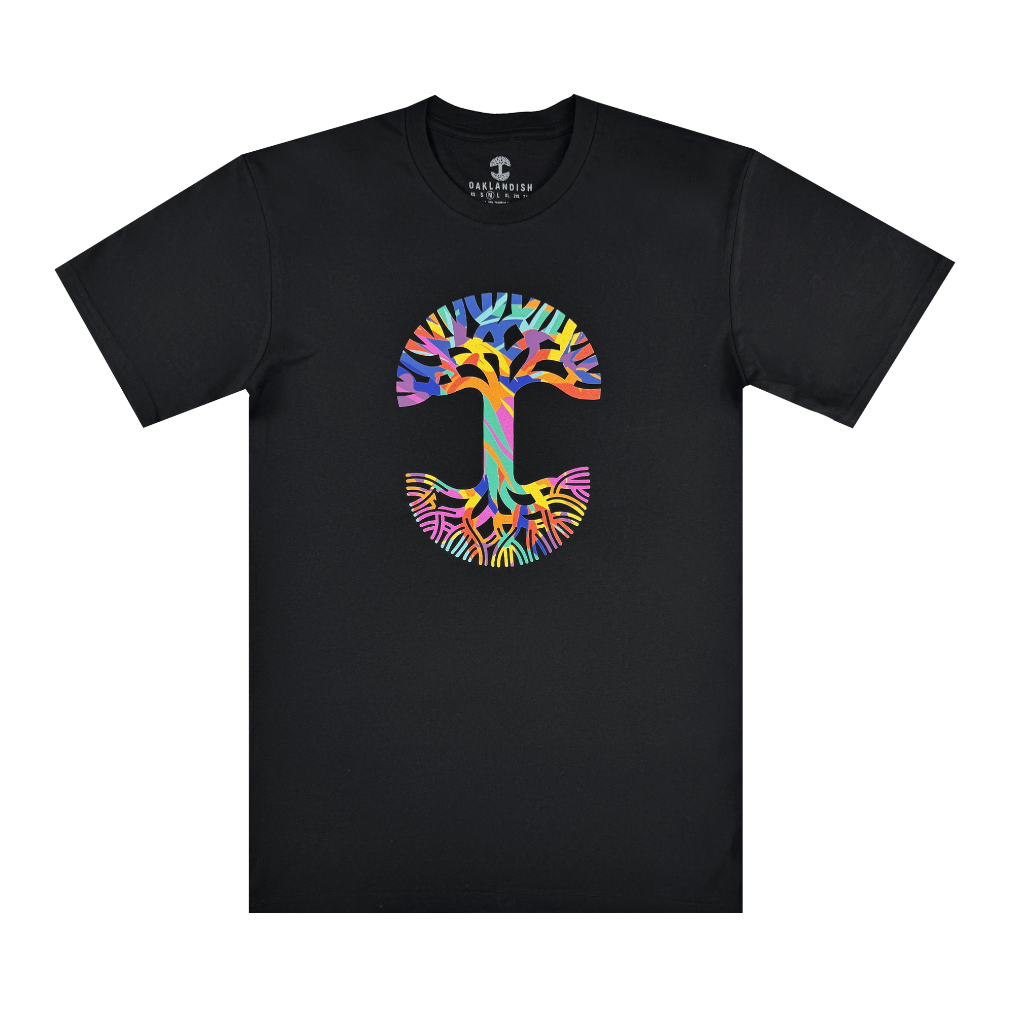 The Urban Tropics Tee by Oaklandish features a vibrant, abstract tree forming a bold "C" on black fabric. Designed by Oakland artist Kalani Ware, its colorful graphic stands out against the dark tee for an eye-catching look.