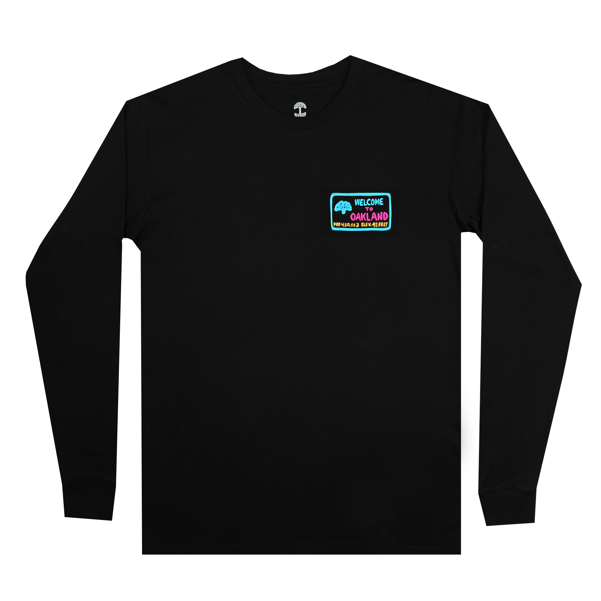 A black Tune Town LS Tee from Oaklandish featuring a small, colorful rectangular graphic on the chest. The graphic showcases "Welcome to Oakland" in bold white letters on a teal background, accented with red and blue borders and an illustration of the Bay Bridge next to it, capturing the vibrant spirit of the Oaklandish community.