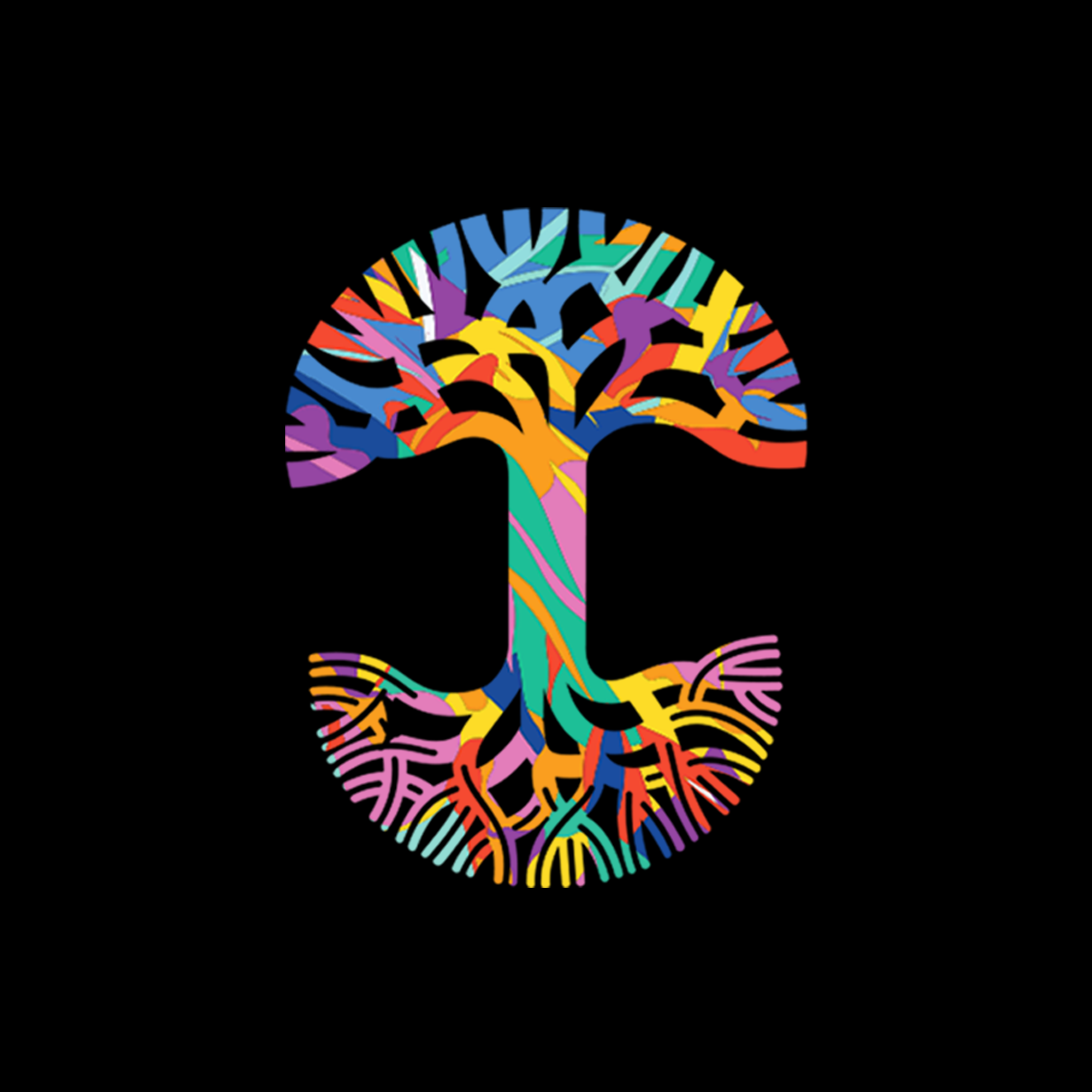 The Urban Tropics Tee by Oaklandish features a vibrant, abstract tree with multicolored branches and roots forming a mushroom shape on a black background—perfect for fans of unique, multicultural art.