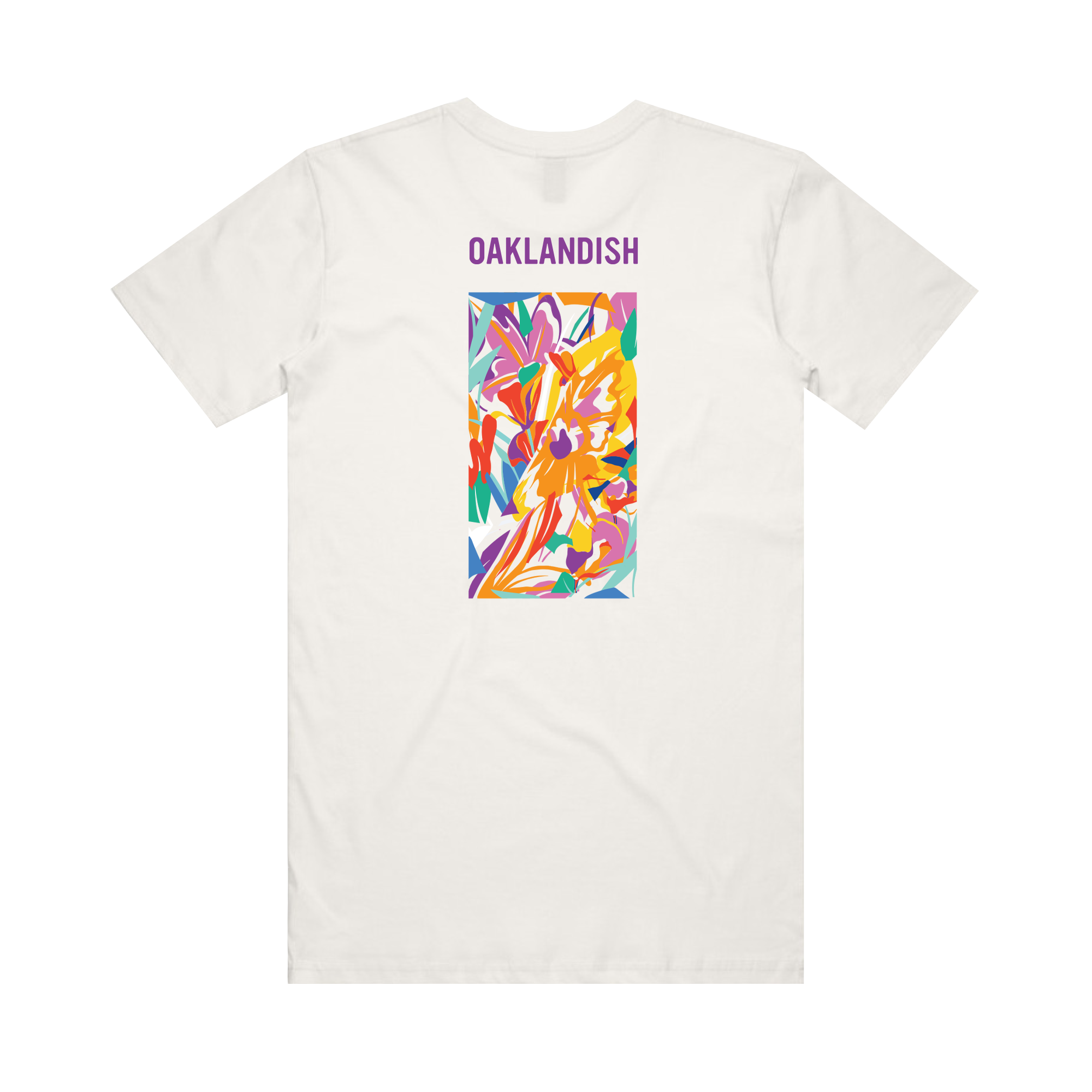 The Urban Tropics Tee by Oaklandish features "OAKLANDISH" in purple on the upper back and a colorful abstract floral design by Kalani Ware with yellow, pink, red, teal, and purple shapes framed in a rectangle.