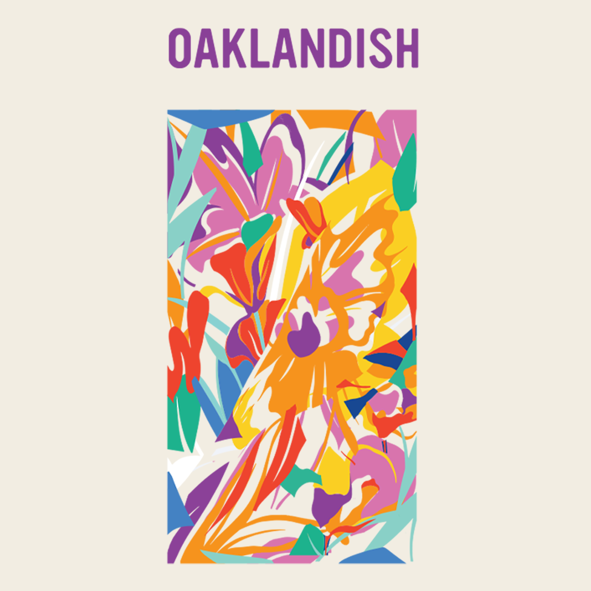The Women's Urban Tropics Tee by Oaklandish features a bold, colorful abstract floral design by Kalani Ware in a rectangular frame, with “OAKLANDISH” printed above in uppercase purple letters on a light beige background.
