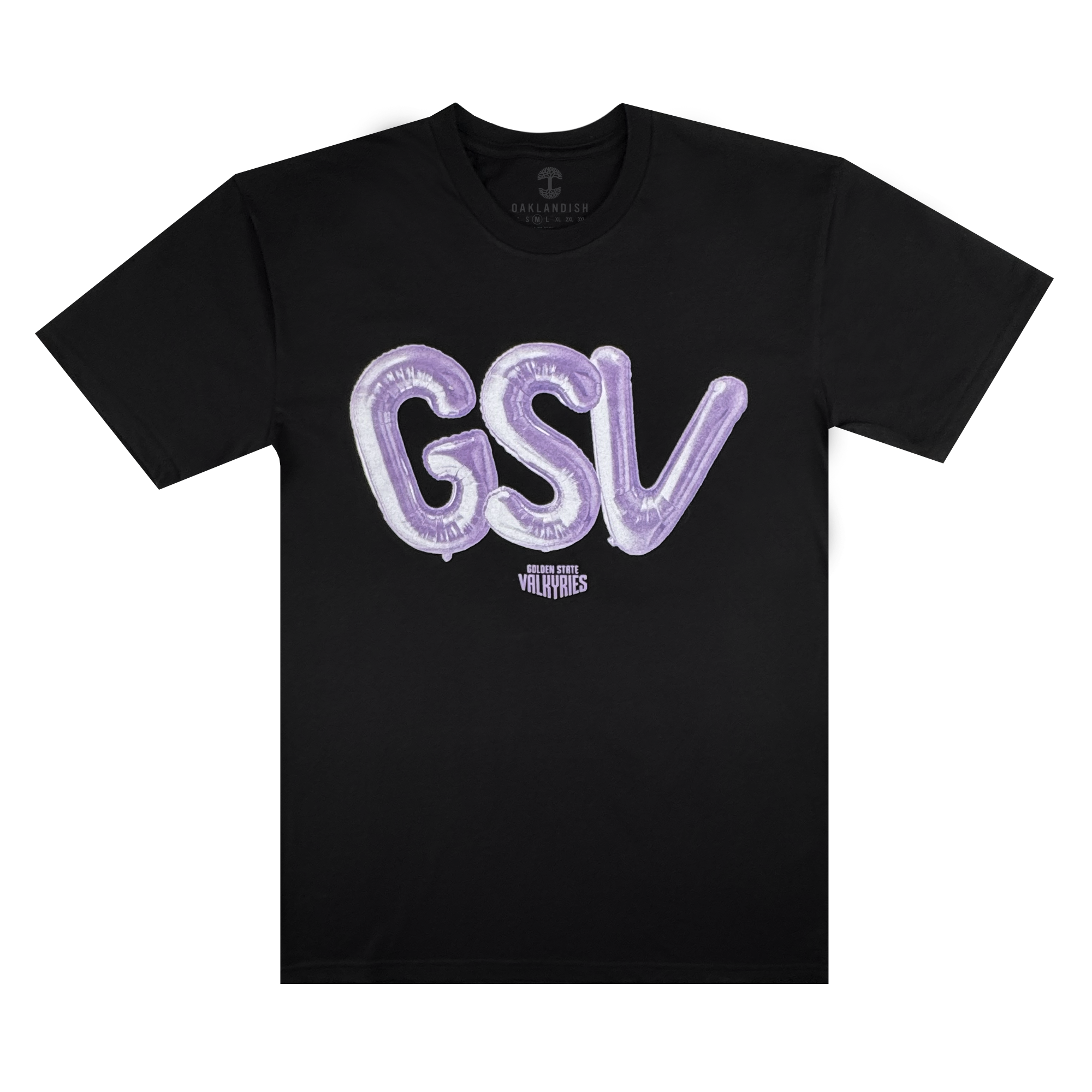 The Golden State Valkyries Balloons Tee by GSV is a black cotton shirt with large, shiny purple balloon-style "GSV" letters across the chest and "Golden State Valkyries" in small white text below, shown laid flat on a white background.