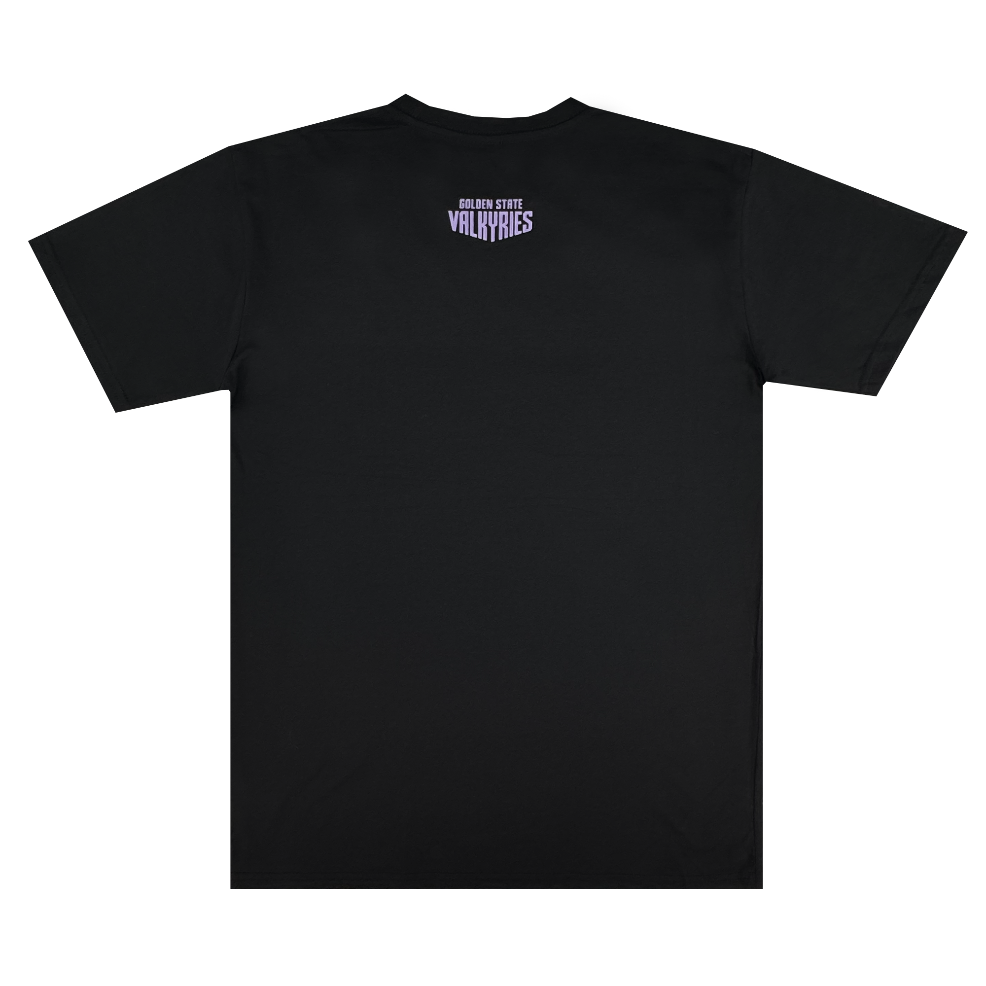 A black GSV Golden State Valkyries Rec League Tee, shown from the back, features small bold purple "Golden State Valkyries" text at the upper center. Made from organic cotton with no other visible designs or graphics.