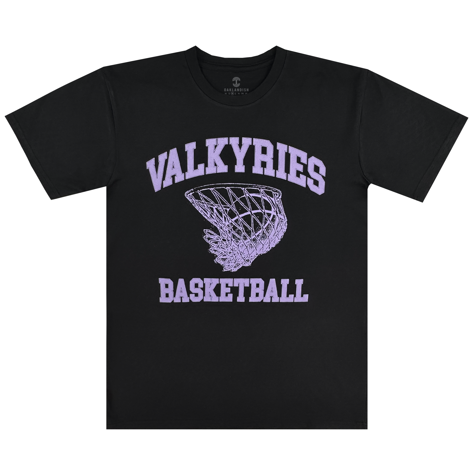 The GSV Golden State Valkyries Rec League Tee is a black heavy tee with “VALKYRIES” in bold lavender letters above a lavender basketball hoop graphic and “BASKETBALL” below—honoring the team in stylish comfort.