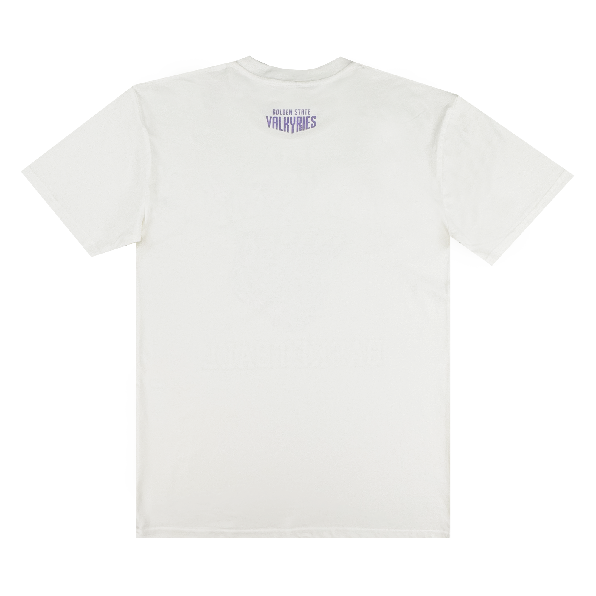 The back of the GSV Golden State Valkyries Rec League Tee features “Golden State Valkyries” in small purple uppercase letters and a simple shield near the neck on an otherwise plain, heavy white organic cotton shirt.