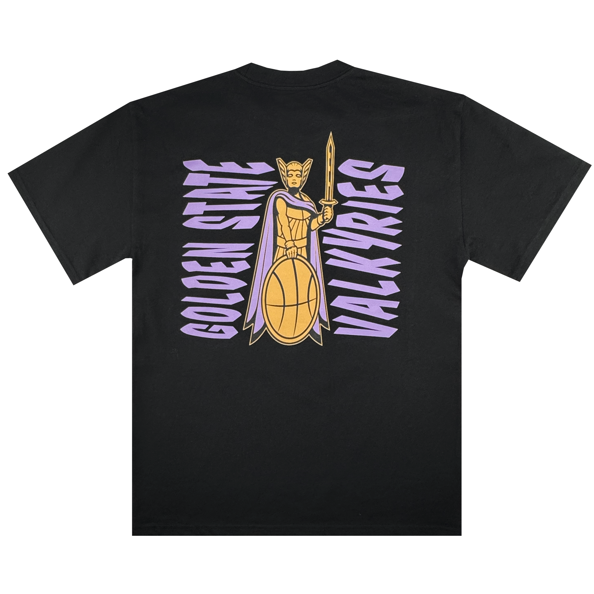 The GSV Golden State Valkyries Renowned Heavy Tee is a black cotton shirt with a bold back graphic of a stylized warrior holding a basketball-shaped shield and spear, plus "Golden State Valkyries" in purple text along each side.