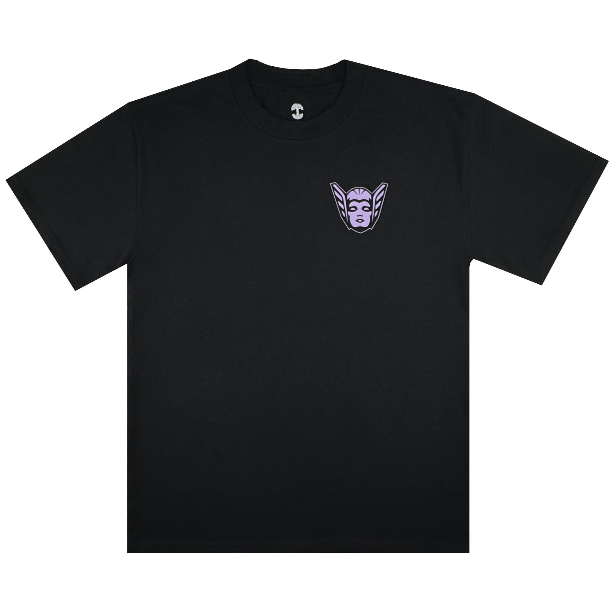 The GSV Golden State Valkyries Renowned Heavy Tee is a plain black cotton t-shirt with a small stylized purple face and wing graphic on the left chest, displayed flat on a white background.