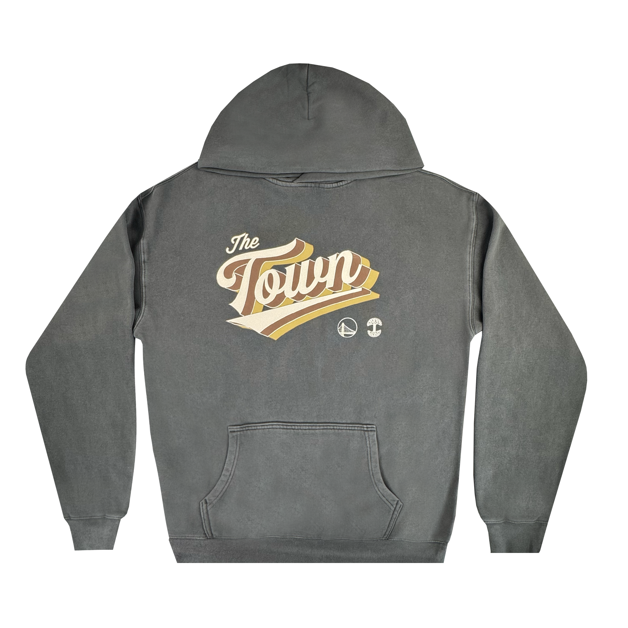 The GSW Vintage Swash Hoodie is a dark gray pullover with a front pocket. The back features large retro "The Town" text in cream and yellow, three small logos including a basketball and bridge, and is part of the Oaklandish Town Collection.