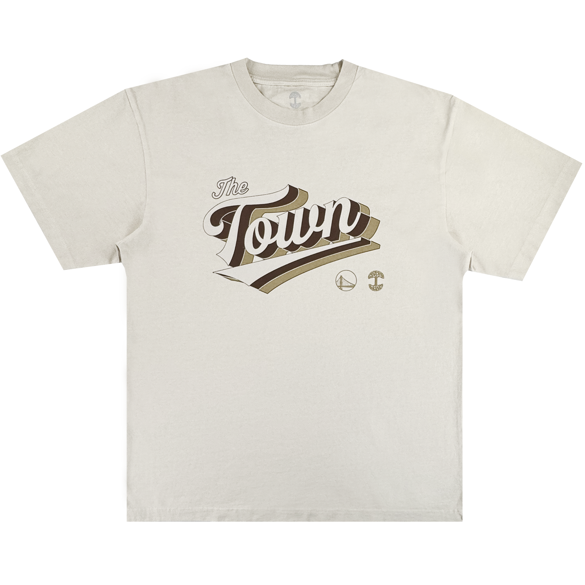 The GSW Vintage Swash Tee is a beige short-sleeve shirt featuring "The Town" in bold brown script with a basketball and anchor below, honoring Golden State Warriors pride. Displayed flat on a white background.