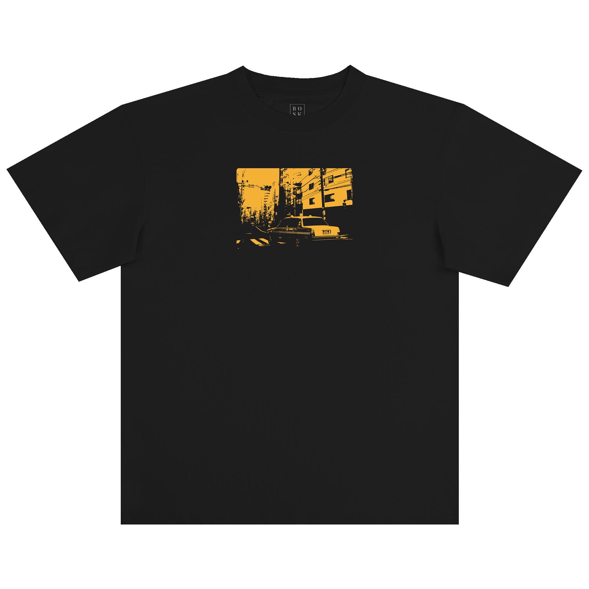The BOSK Yellow Cab Tee is a black, classic fit t-shirt made from 100% cotton, featuring a bold, minimalist yellow graphic of an urban street scene with buildings, trees, and a crosswalk.