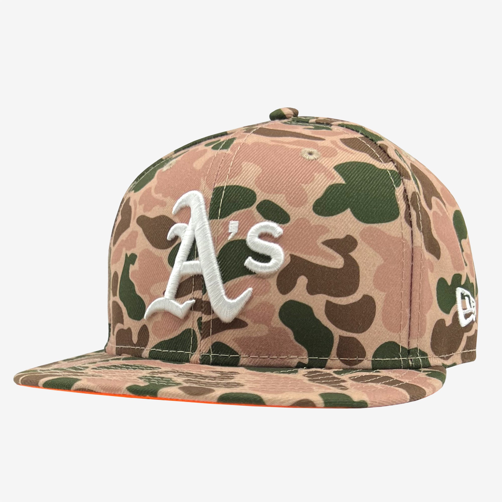 The New Era Oakland A's 59FIFTY Fitted Cap by Retail Vendors showcases a striking Duck Camo pattern in green and brown shades. It features a prominent white "A's" logo on the front, complemented by a small embroidered white New Era logo on the side. The cap is designed with a flat brim and a button on top for added style.