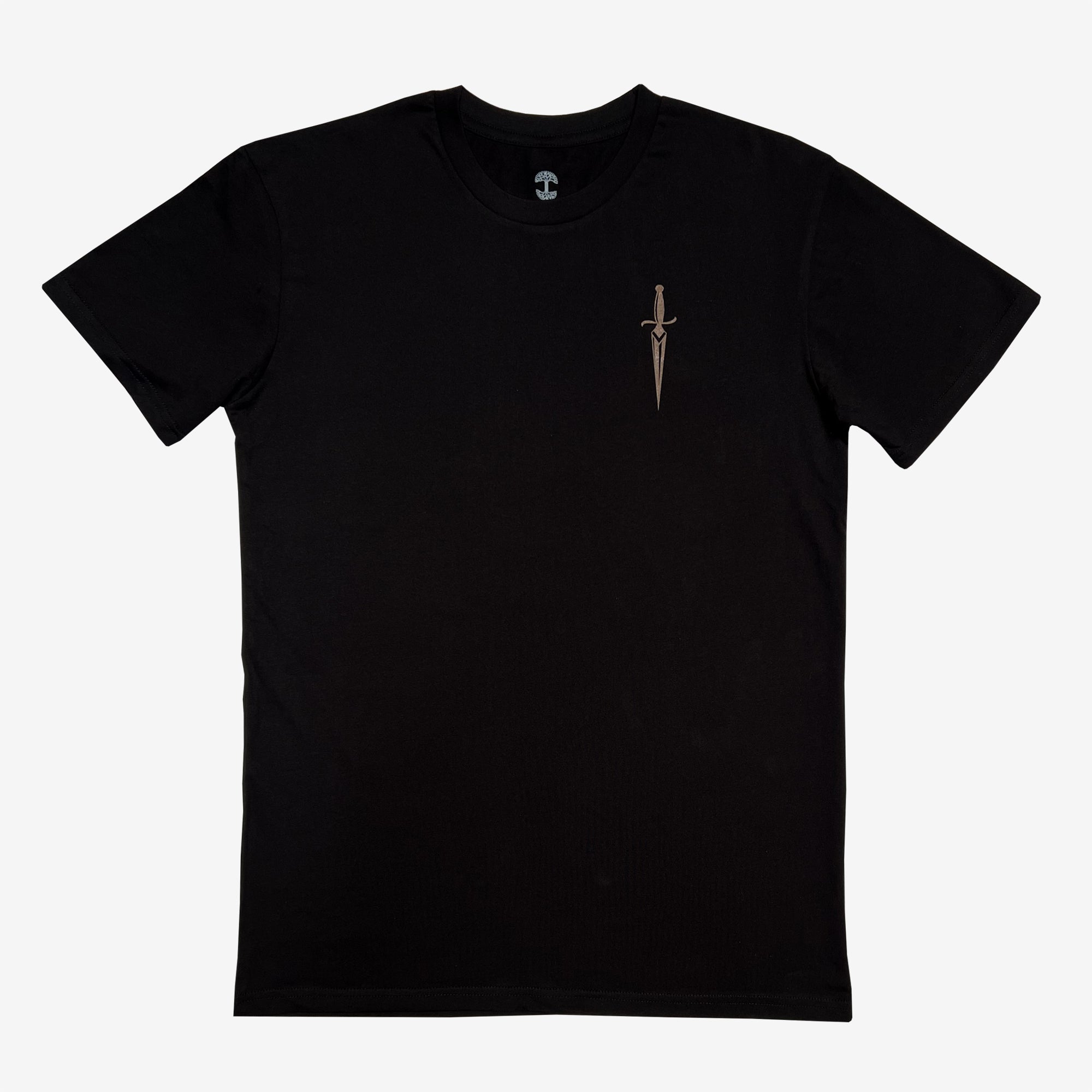 The Blossom Tee by Oaklandish is a plain black men's cotton t-shirt featuring a small embroidered design of a dagger on the left chest area. The background is white, emphasizing the minimalistic and stylish design of the t-shirt.