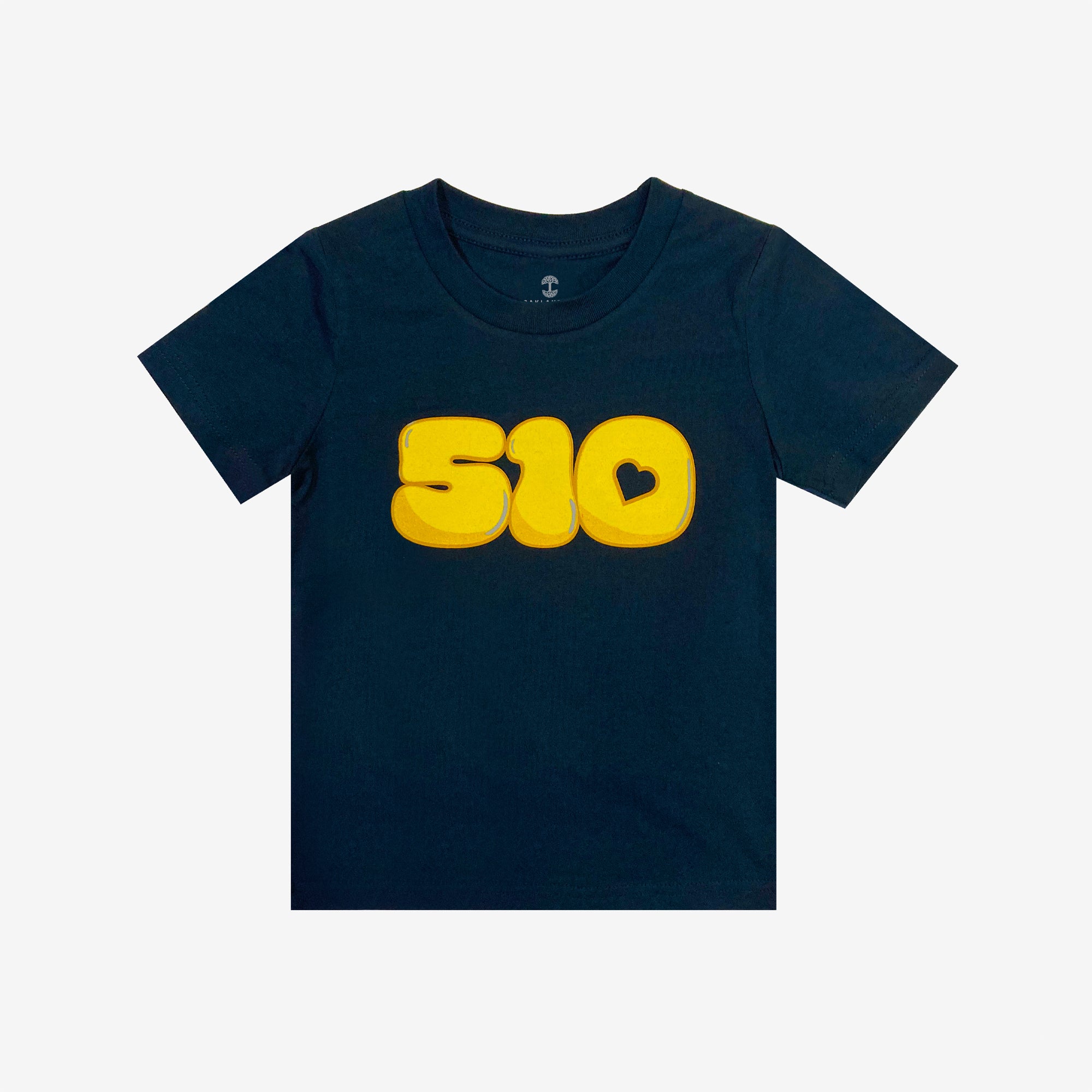 The Toddler Bubble 510 Tee by Oaklandish is a navy crew-neck T-shirt with short sleeves, displaying the number "510" in large, bold, yellow bubble-style font on the chest. The number "0" features a small heart cutout in the upper right section. Made from 100% cotton, this t-shirt ensures both comfort and style for toddlers.