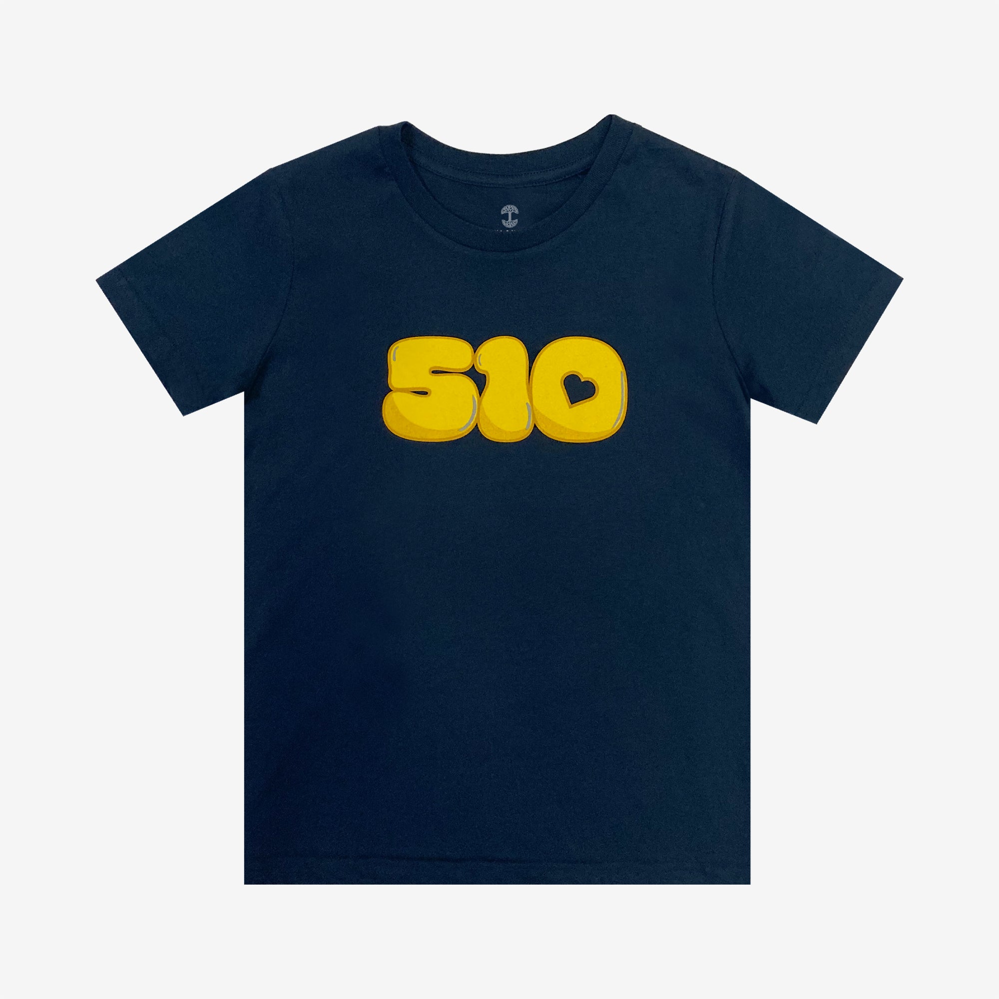 The Youth Bubble 510 Tee by Oaklandish is a navy blue kids' T-shirt featuring the number "510" in large, bold, golden-yellow letters across the chest, with a small heart-shaped cutout in the upper right section of the '0'. Made from 100% cotton, this T-shirt is displayed against a plain white background.