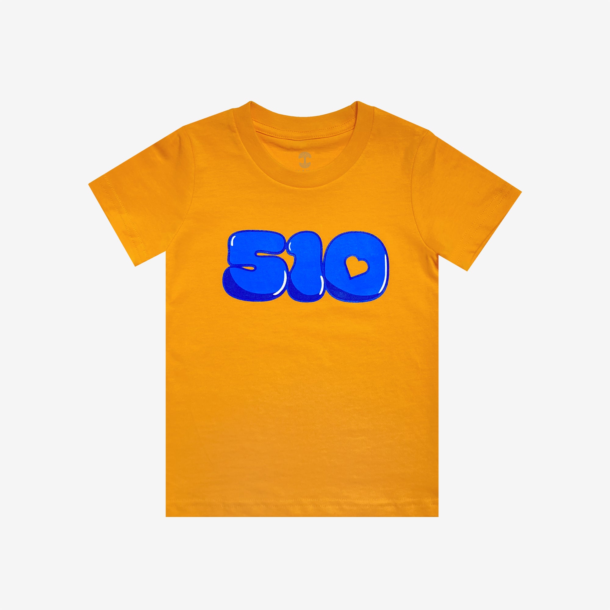 The Toddler Bubble 510 Tee from Oaklandish is a bright orange, short-sleeved T-shirt from the kids collection. It features the blue and white bubble-text styled number "510" across the chest, with the "1" forming a small white heart in its top section. Made of 100% cotton, this toddler fit T-shirt is laid flat against a light background.
