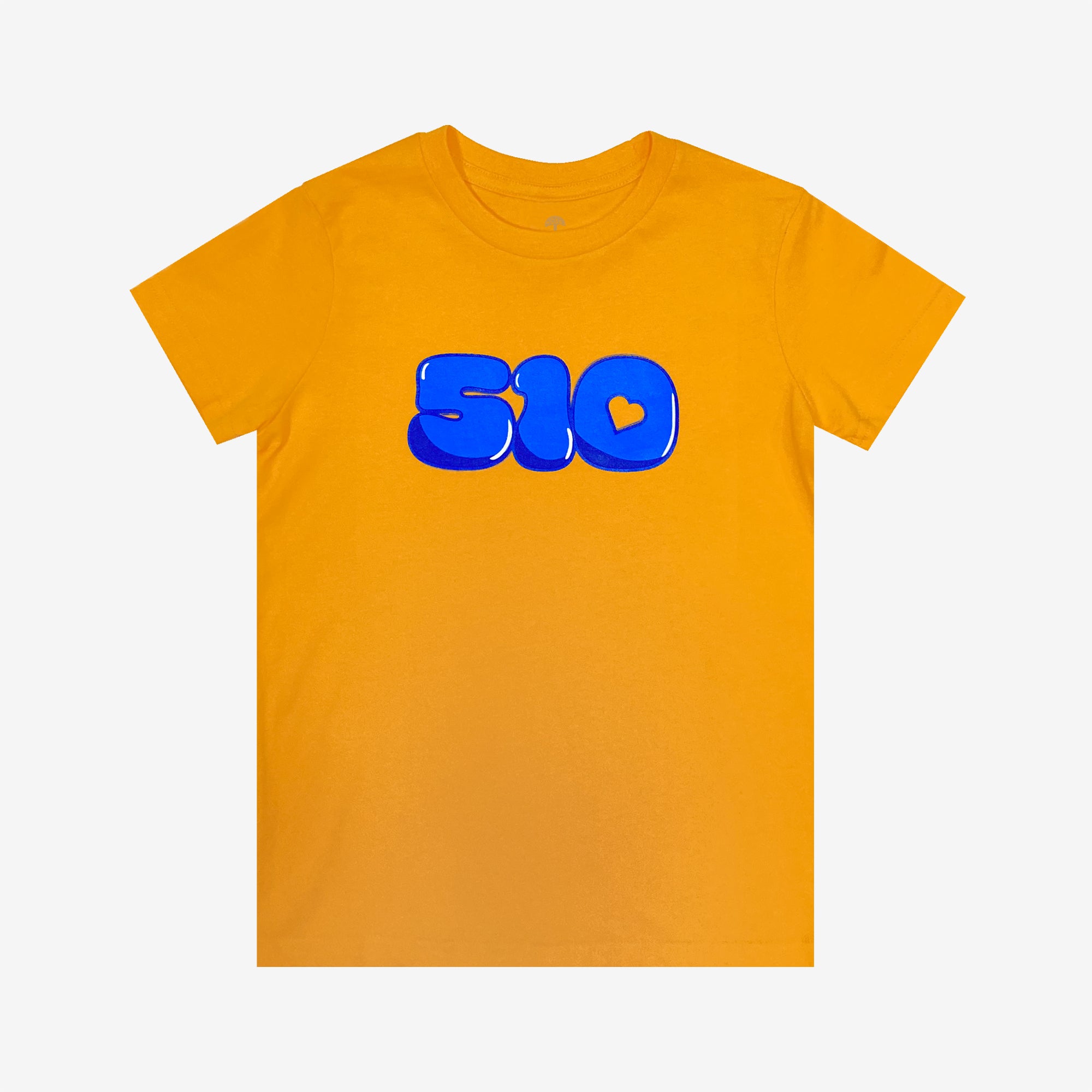 Introducing the Youth Bubble 510 Tee by Oaklandish – a vibrant, short-sleeved bright yellow t-shirt for kids, crafted from 100% cotton. It features the number "510" boldly printed in large, puffy blue letters with a playful, rounded design that pops against the solid yellow backdrop. An ideal and stylish choice for your young ones!