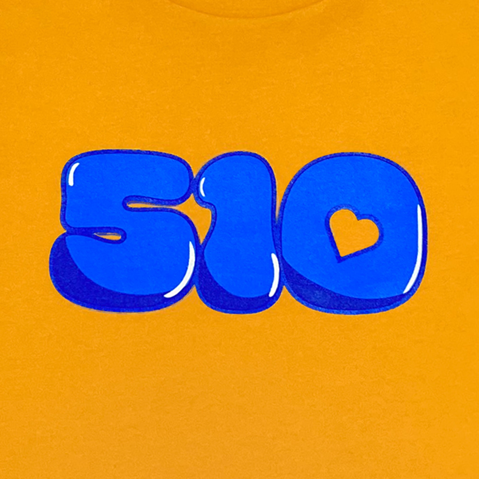 The Oaklandish Youth Bubble 510 Tee features a striking blue "510" centered on a vibrant yellow background. The "0" is uniquely designed with a heart-shaped cutout inside, and the numbers boast a glossy, reflective effect that makes them appear shiny and three-dimensional. Crafted from 100% cotton, this kids' youth fit t-shirt ensures comfort.