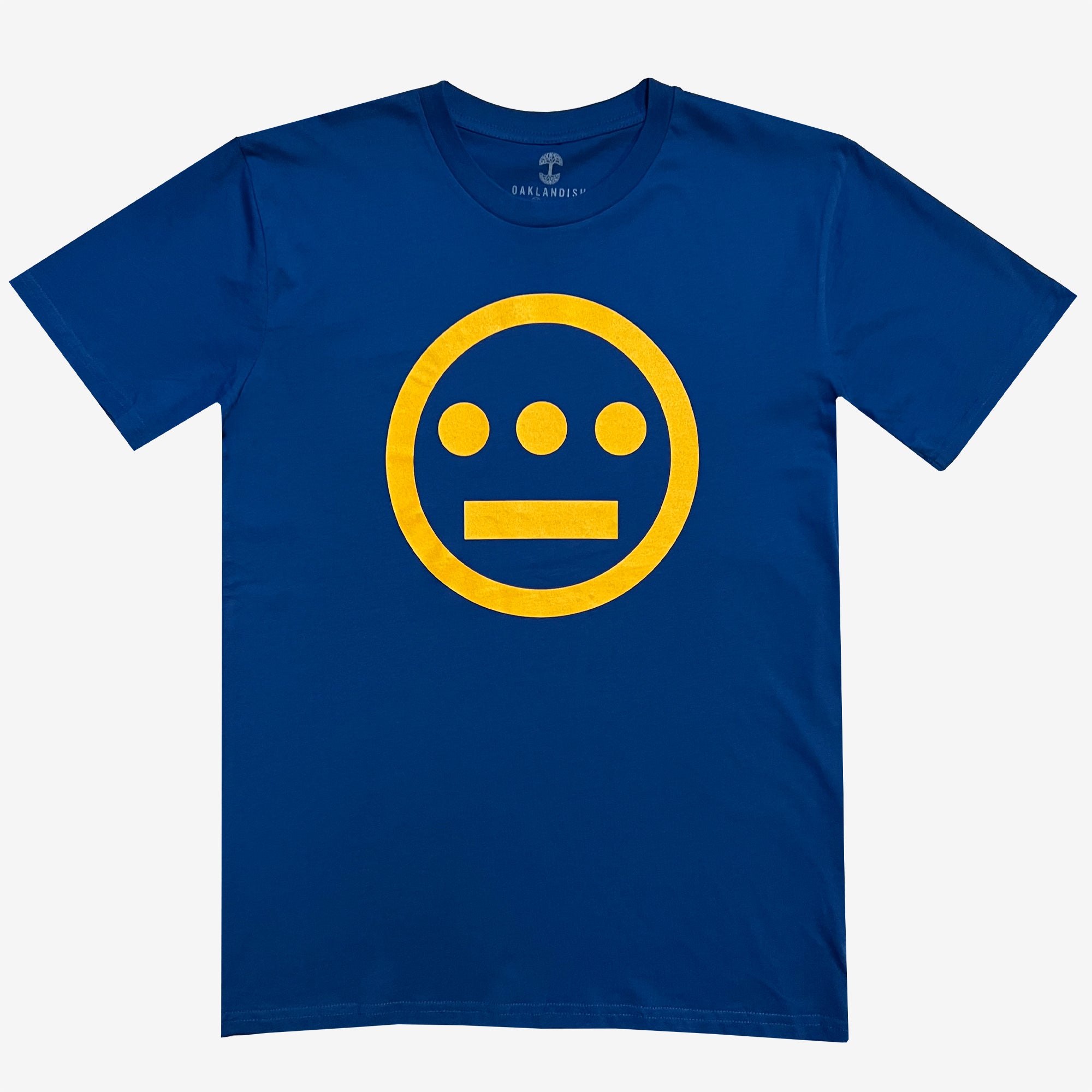 The Hiero Classic Logo Tee by Hieroglyphics features a classic fit blue t-shirt with a bright yellow circular logo on the chest. The logo consists of a circle with three dots arranged horizontally above a straight horizontal line, resembling hieroglyphics. The shirt has a crew neck and short sleeves.