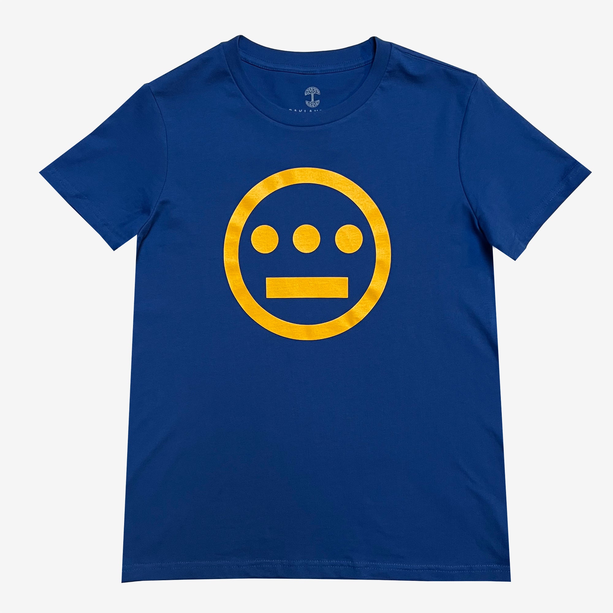 The Women's Hiero Classic Logo Tee from Hieroglyphics is showcased in royal blue, featuring a yellow circular design on the front. The design comprises a horizontal line near the bottom of the circle with three evenly spaced dots above it, evoking ancient hieroglyphic symbols.
