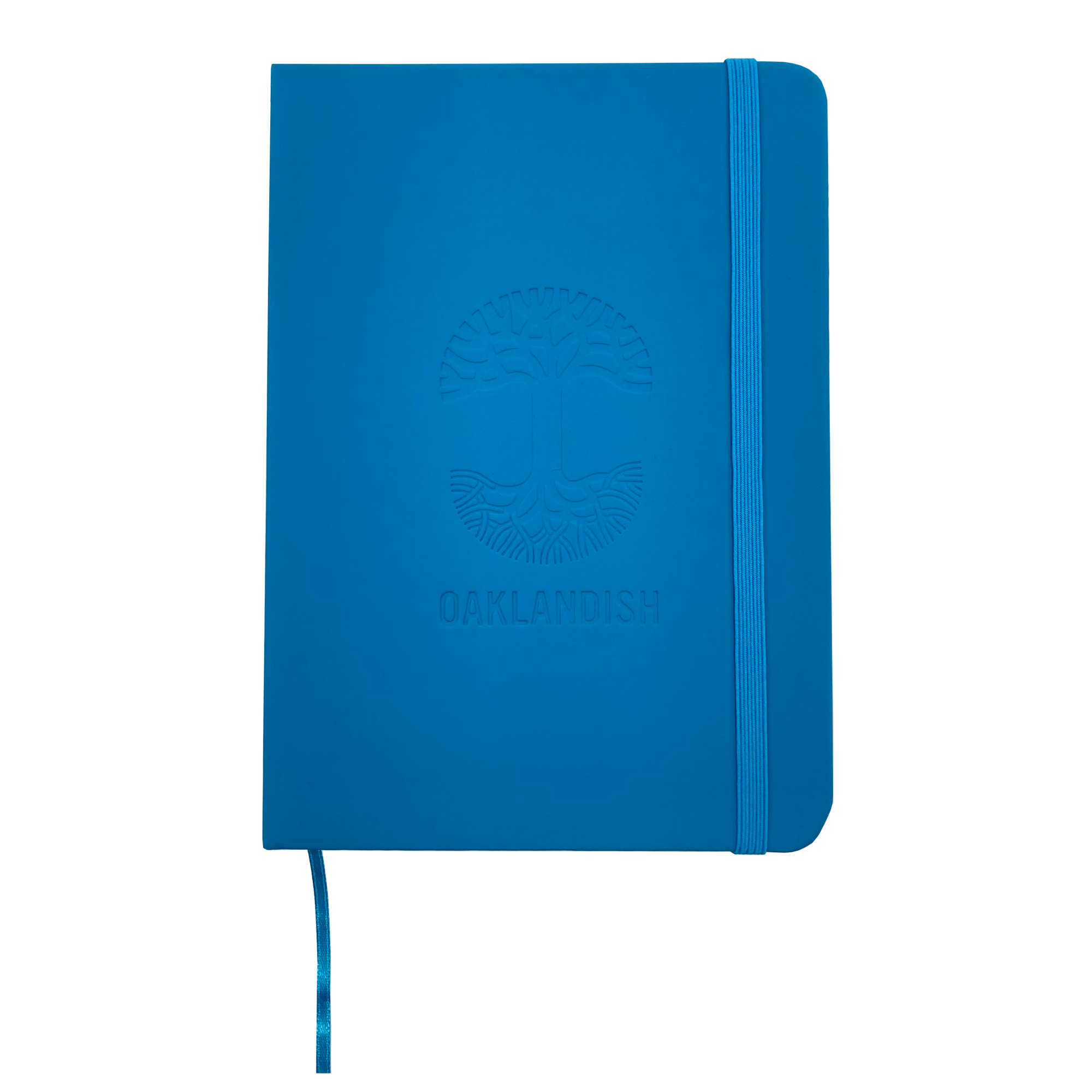 Top view of blue Oaklandish journal notebook elastic closure and bookmark with Oakalndish tree logo and wordmark embossed on the cover.