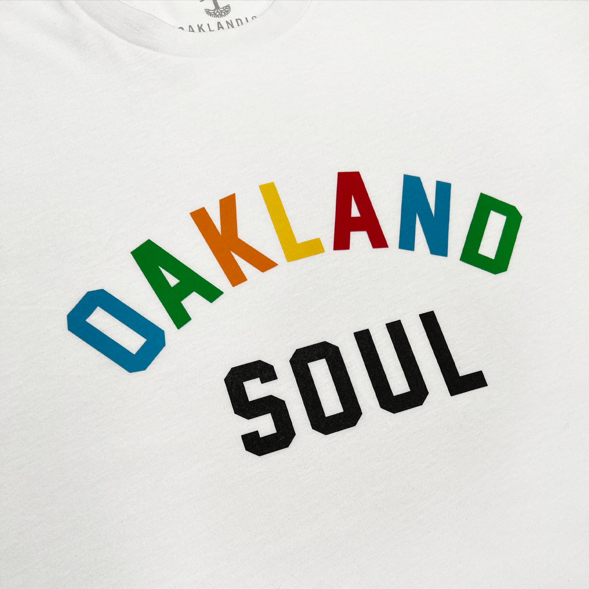 Close-up of the Oakland Soul Wordmark Tee by Oakland Roots SC, showcasing a classic fit t-shirt with the text "OAKLAND" in large, colorful block letters arranged in an arch above "SOUL" in black block letters. The shirt fabric appears soft, and the colors stand out boldly against the white background.