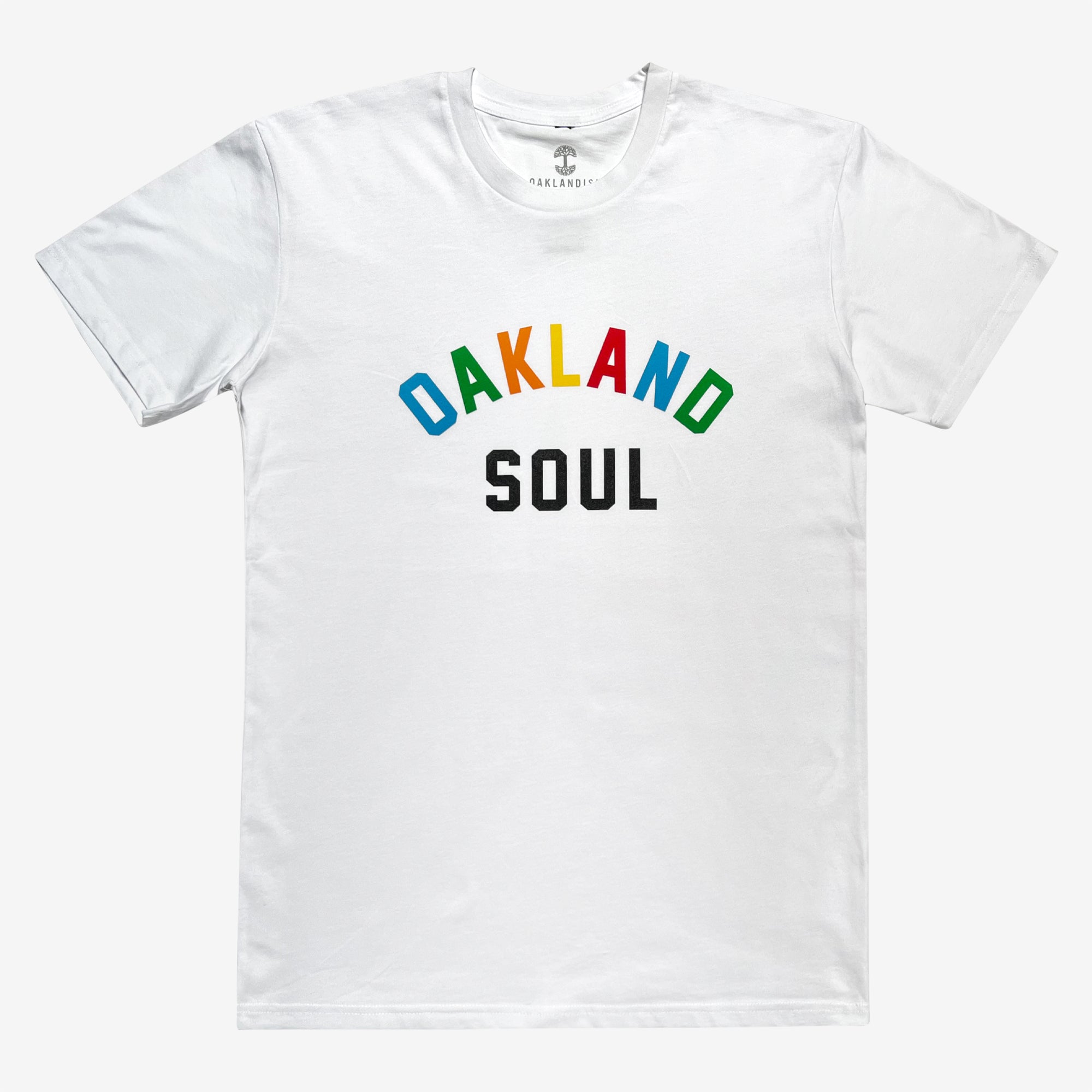 The Oakland Soul Wordmark Tee by Oakland Roots SC is a classic fit T-shirt featuring the word "OAKLAND" in bold and vibrant blue, yellow, red, and green uppercase letters arranged in an arch across the chest. Below it, "SOUL" is printed in black uppercase letters in a straight line, embodying the spirit of Oakland Soul SC.