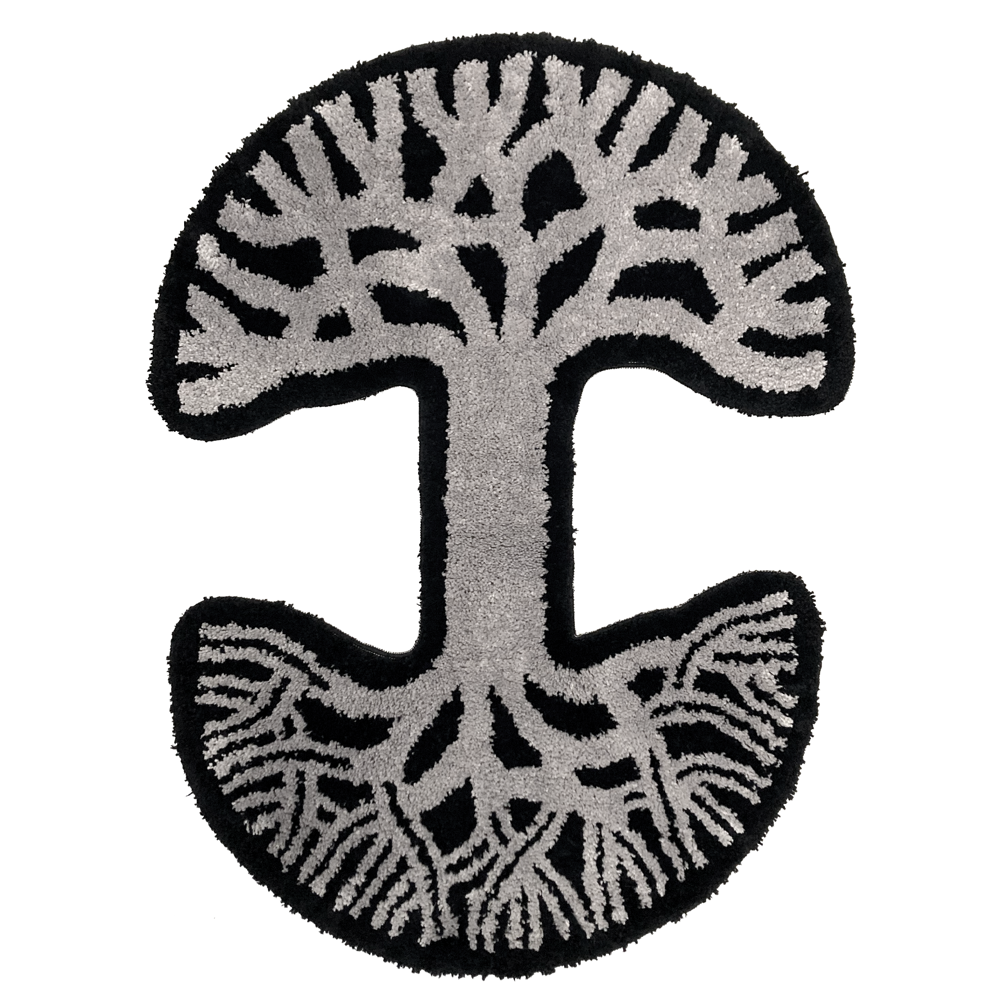 The Oaklandish Logo Rug by Oaklandish features a circular design inspired by the abstract tree logo. The rug has a striking contrast with a black background and detailed gray patterns depicting intertwined branches forming a broad canopy at the top and an intricate network of roots at the bottom.