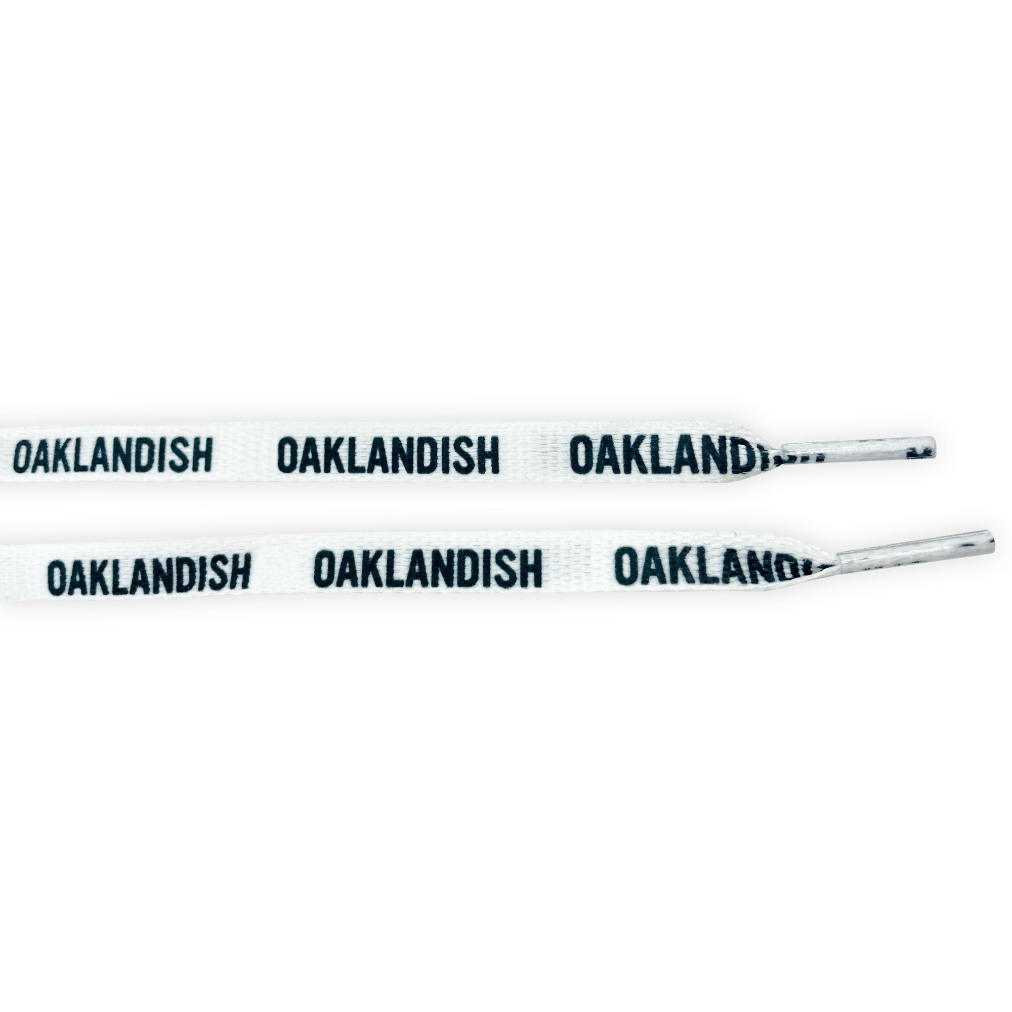 The Wordmark Shoelaces by Oaklandish are made of polyester and come in white with black "OAKLANDISH" text repeated along their length. The ends, or aglets, are also white. These flat shoelaces are neatly displayed parallel to each other against a plain background.