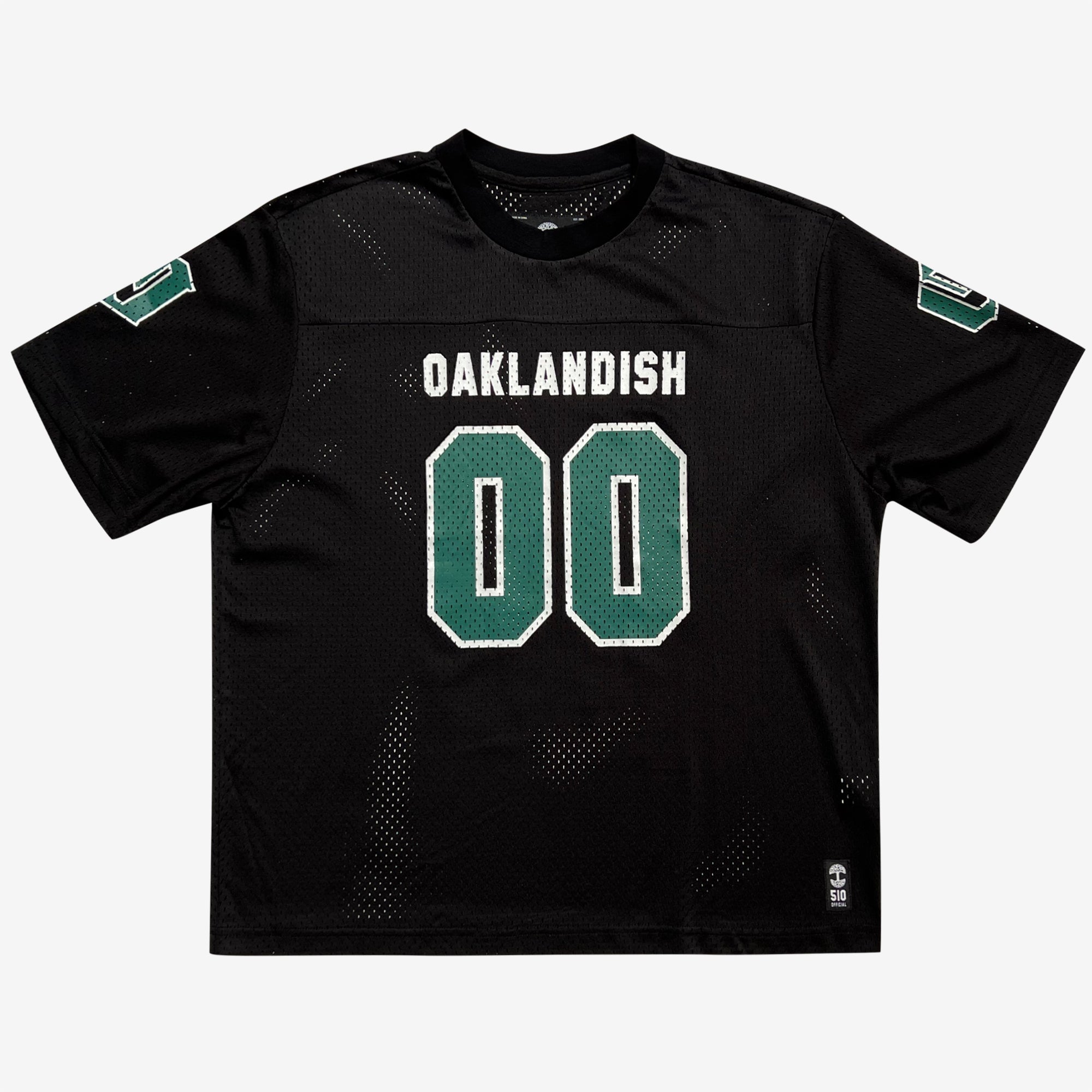 This black mesh Official Football Home Jersey from Other features short sleeves, "OAKLANDISH" in bold white text on the chest, and a striking green and white "00" below. Its casual fit combines classic football jersey vibes with modern athletic style.