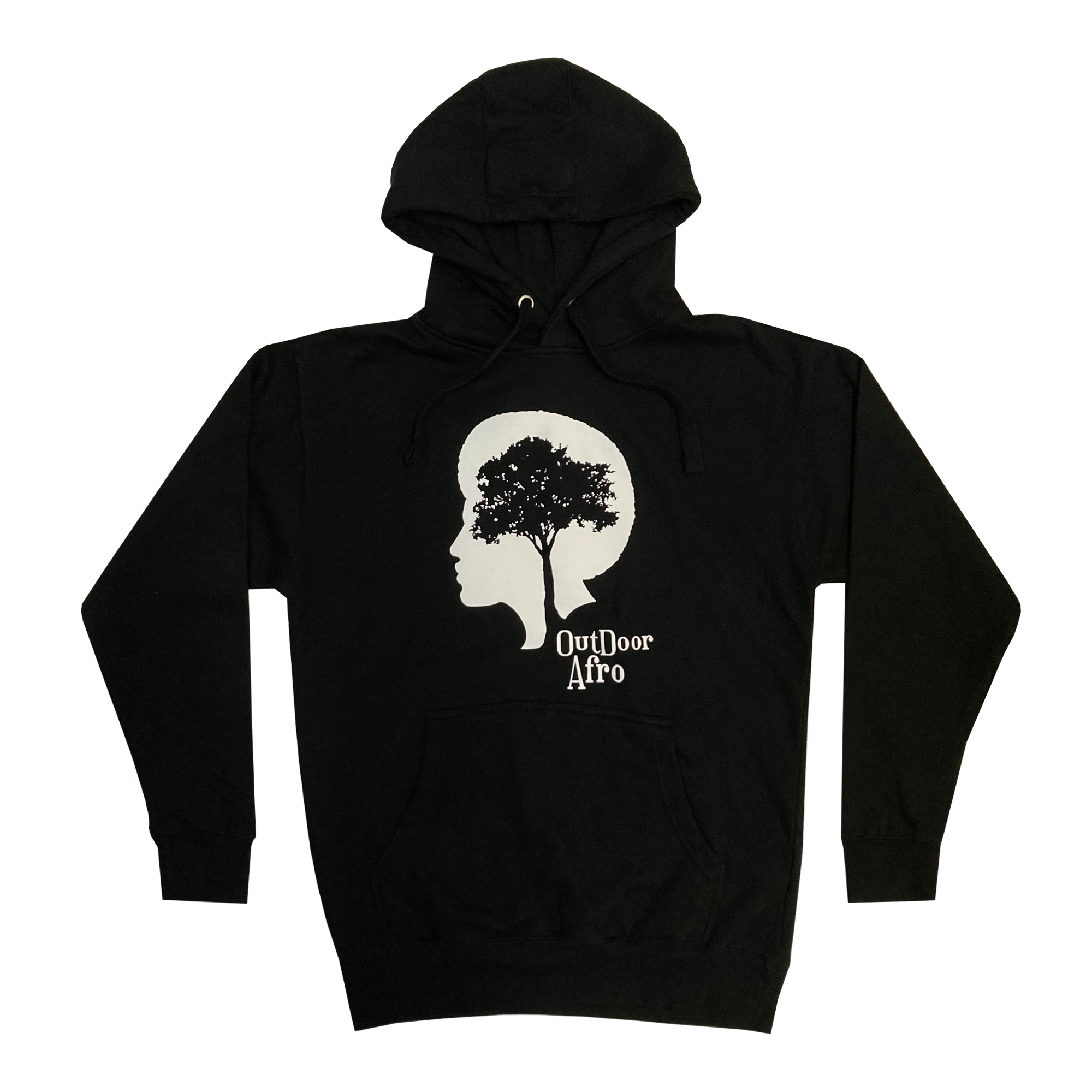 Front view of black hoodie with white OutDoor Afro logo and wordmark.