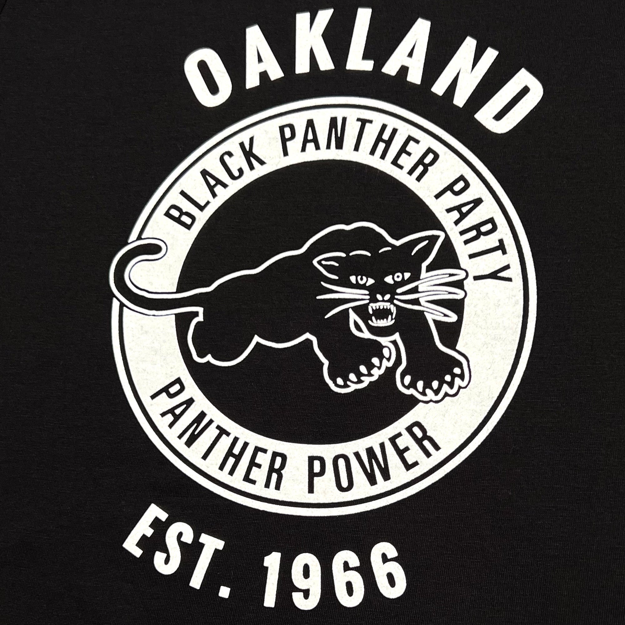 The Black Panther Power LS Tee by Oaklandish features a black circular logo of the Black Panther Party with a snarling black panther at the center. The text "OAKLAND" arches above, while "BLACK PANTHER PARTY" and "PANTHER POWER" encircle it, and "EST. 1966" is inscribed at the bottom. The white text on a black background embodies the enduring legacy of Black Panther Power.