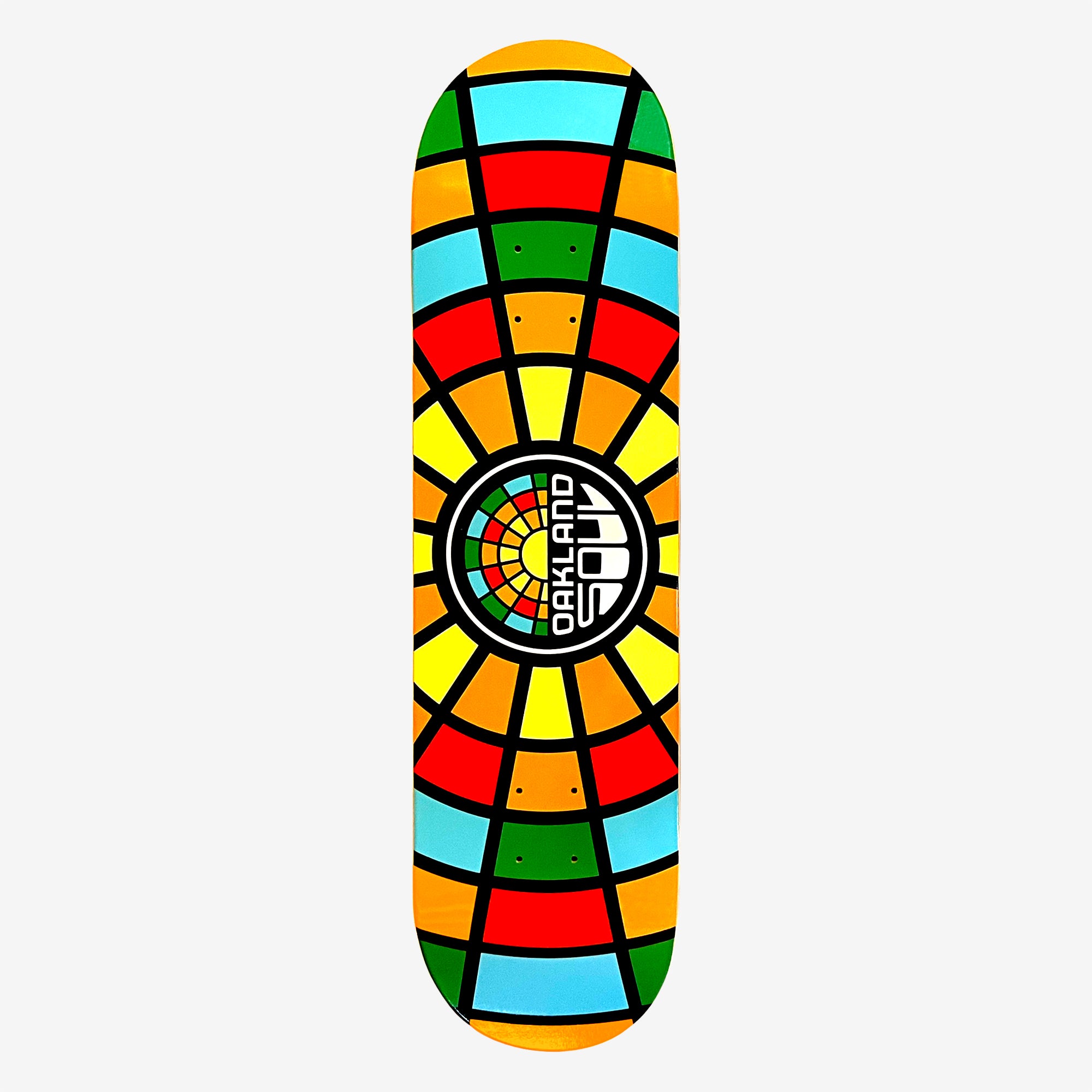 Skateboard deck with full-color Oakland Soul mosaic colors and round logo mark.