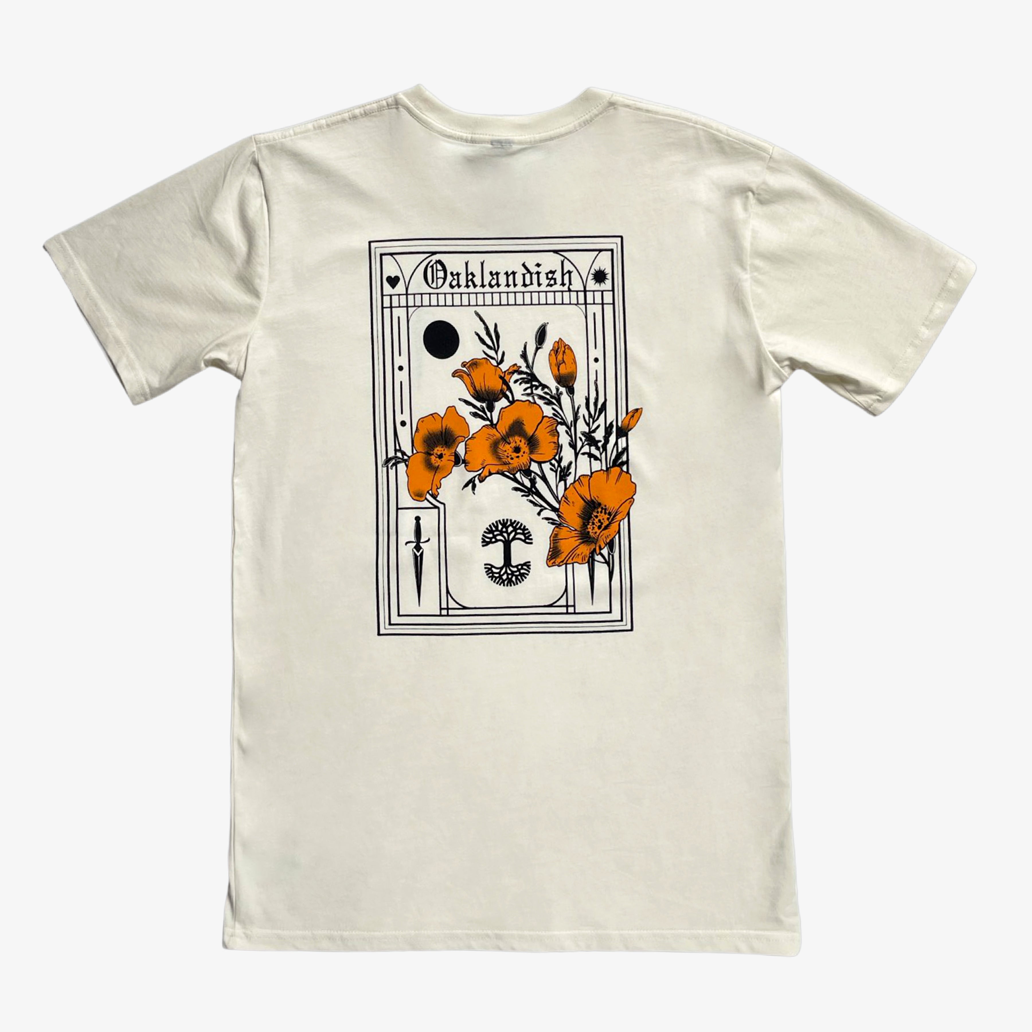 The Blossom Tee by Oaklandish is a classic fit, 100% cotton t-shirt featuring a rectangular graphic on the back. The design includes orange poppy flowers with black outlines, various geometric shapes, and the word "Oaklandish" at the top. This cream-colored shirt has a plain background and short sleeves.