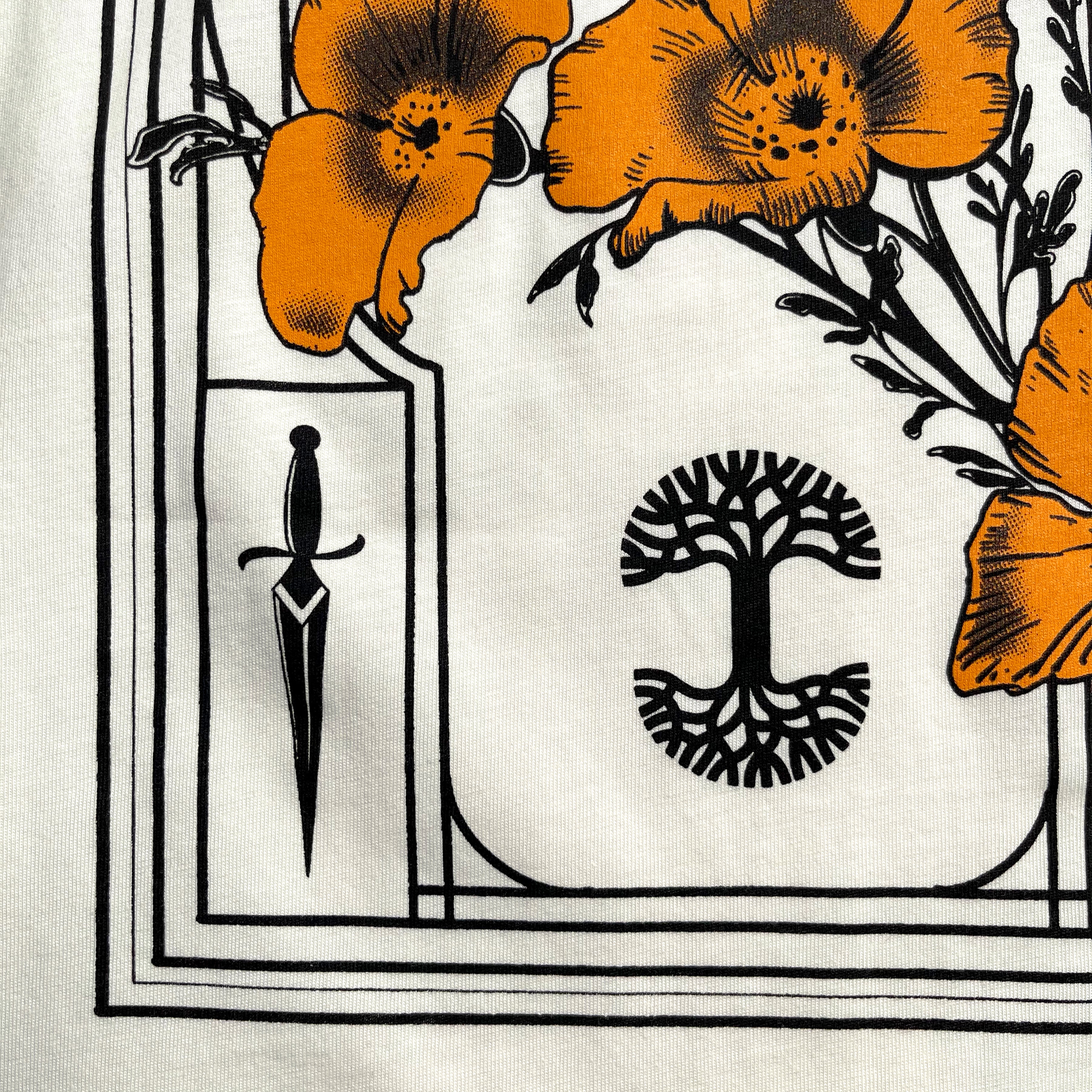The Women's Blossom Tee by Oaklandish features a graphic design on a 100% cotton t-shirt, showcasing bright orange poppies with black accents on a white background. The flowers are encased in an ornate frame formed by thin black lines. A small dagger is positioned to the left, while the center displays a stylized tree-like symbol with symmetrical branches and roots.
