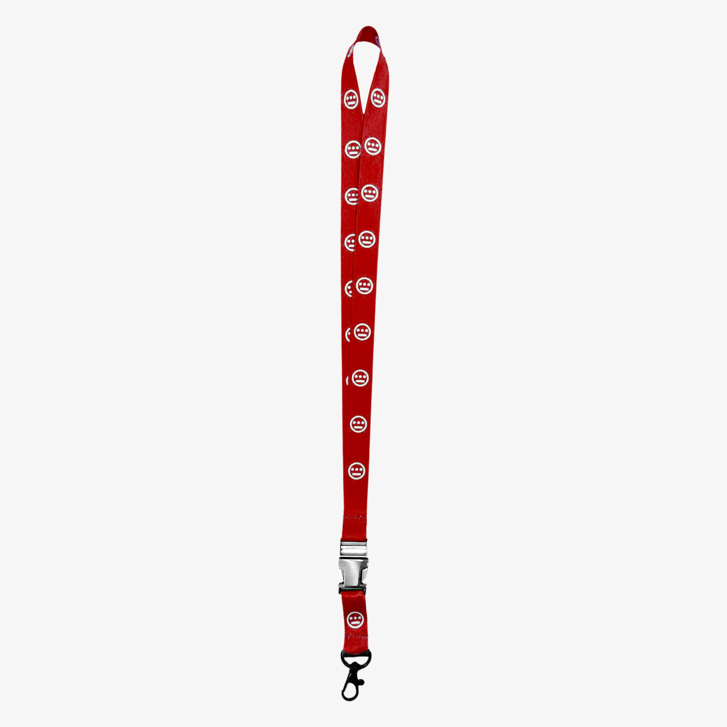The Hieroglyphics Hiero VIP Lanyard 2.0 is a striking red lanyard adorned with white circular logos featuring a stylized "N" design, repeated along its length. It includes a black plastic clip and a metal buckle near the bottom, along with a black hook attachment at the end for holding items—perfect for achieving that VIP lanyard look.