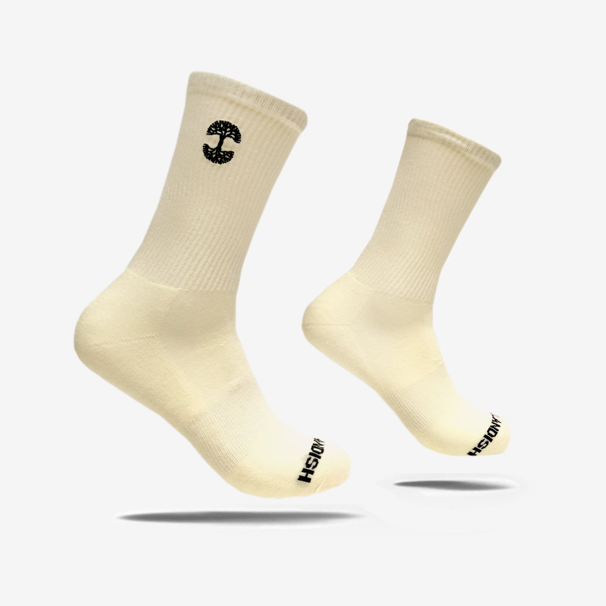 An image of Embroidered Logo Socks by Oaklandish features two white cotton crew socks floating against a plain white background. Each sock showcases a black embroidered logo near the top and has the word "INSIGNIA" printed in black on the toes. Made from ribbed material, shadows beneath the socks enhance their floating effect.