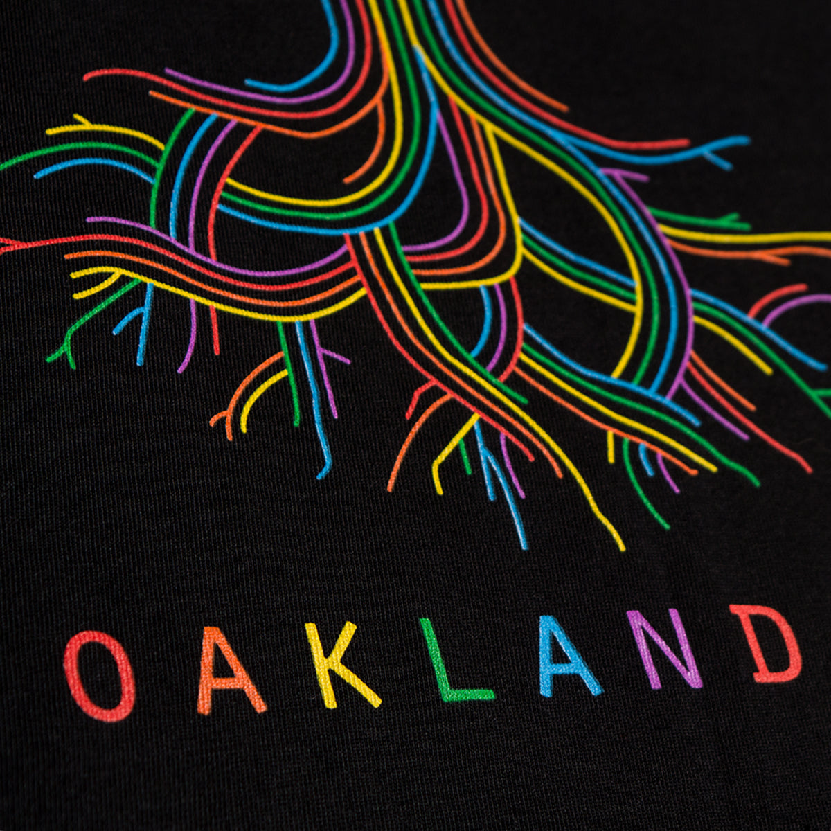 The Oaklandish Pride Classic Logo Tee by Oaklandish is a limited-edition black shirt featuring a colorful, intricate design of intertwined lines resembling roots or branches in red, yellow, green, blue, orange, and violet. Below the design, "OAKLAND" is written in similarly vibrant multicolored letters.