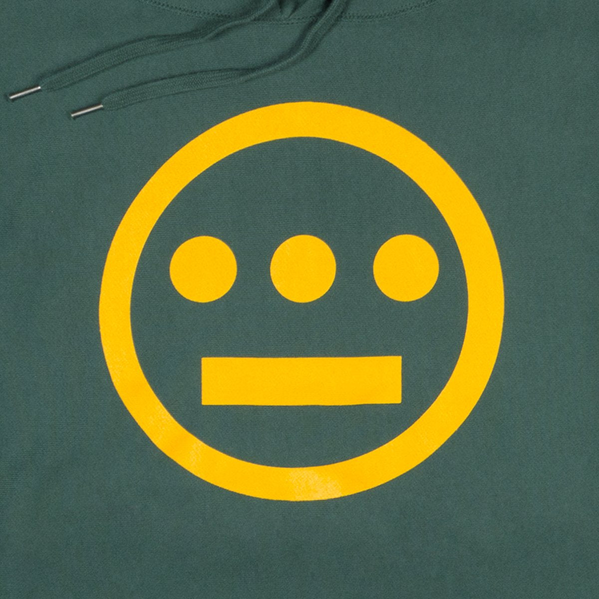 The Hiero Classic Logo Heavyweight Hoodie by Hieroglyphics showcases a minimalist yellow logo centered on a green background. Echoing the iconic Hieroglyphics hip hop crew, the logo is designed with a circle featuring three filled yellow dots at the top and a horizontal yellow line beneath them, creating a face-like image.