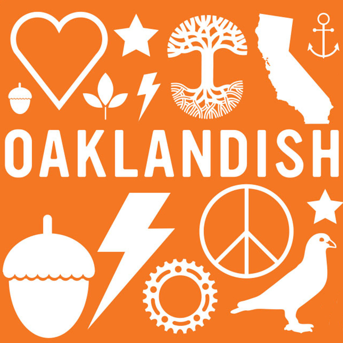 An orange square featuring various white icons, including a heart, acorn, peace sign, pigeon, gear, star, lightning bolts, leaves, anchor, the state of California emblem, and a tree with roots resembling a wheel surrounds and tops the word "OAKLANDISH." Redeemable Oaklandish Online Gift Cards - 100 are available.