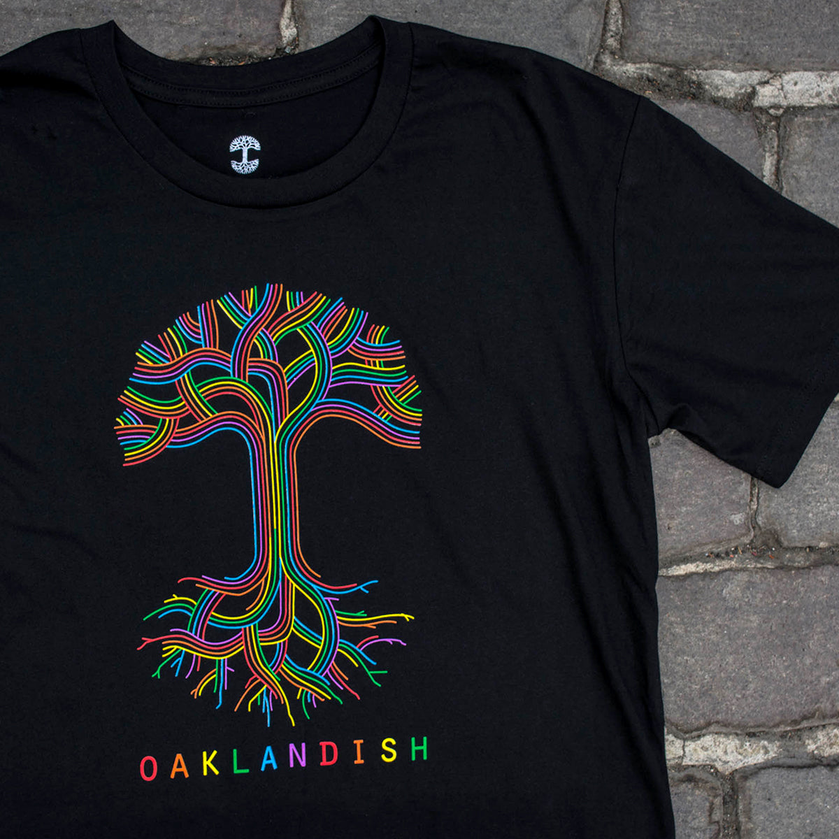 The Oaklandish Pride Classic Logo Tee from Oaklandish showcases a vibrant, multi-colored tree design with intricately woven branches and roots on a black background. Beneath the tree, the word "OAKLANDISH" is printed in rainbow-colored letters to celebrate Oakland Pride. This limited-edition t-shirt is displayed against a textured, gray stone surface.