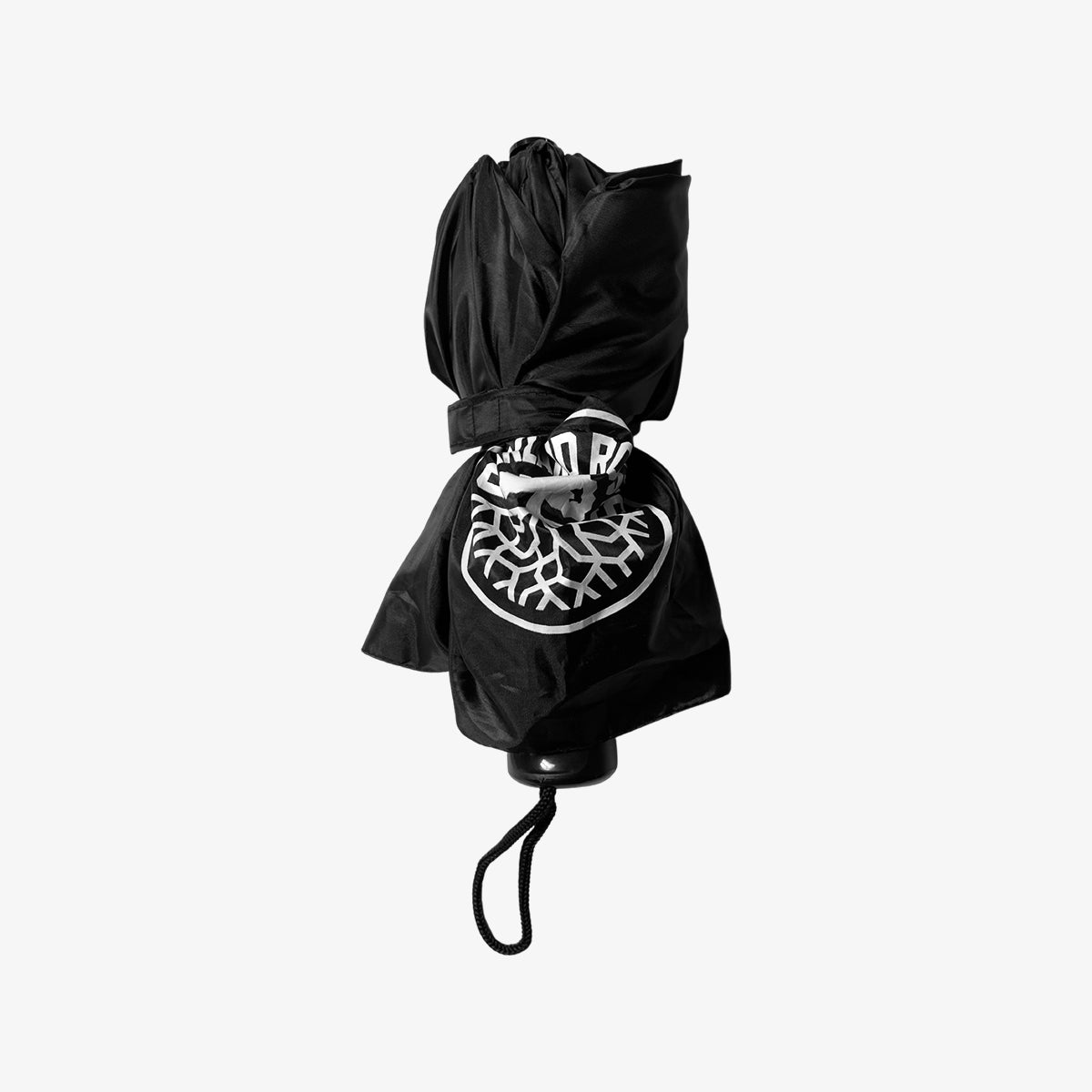 The Oakland Roots SC Compact Umbrella by Oakland Roots SC is a closed, black telescopic folding umbrella. It features a white logo design with a tree emblem and has a strap attached to the handle that wraps around the middle for compact storage. The simple rounded black handle ensures easy handling. Perfect for any Oakland Roots sports club fan, the background is neutral and unobtrusive.