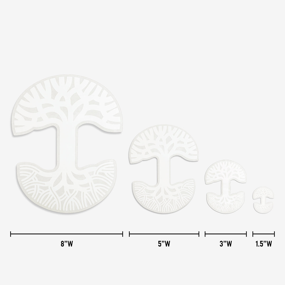 An image showcasing four white circular Oaklandish decals with intricate tree branch designs cut out in the center. These decals decrease in size from left to right, with labeled widths of 8 inches, 5 inches, 3 inches, and 1.5 inches. Perfect for a durable outdoor setting or as an elegant window decal in Oakland, the background is plain white.