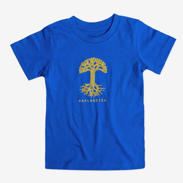 The Toddler Oaklandish Classic Logo Tee by Oaklandish, in royal blue and made from 100% cotton, showcases a graphic of a yellow tree with upward-reaching branches and downward-stretching roots, creating a symmetrical design. Below the tree, "OAKLANDISH" is printed in yellow capital letters. The T-shirt is displayed on a plain white background.