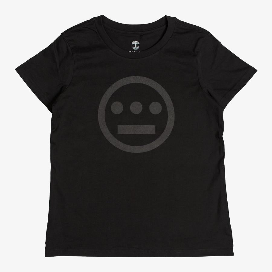 The Women's Hiero Classic Logo Tee by Hieroglyphics displayed flat. The black shirt features a subtle embossed design on the front, showcasing a circle with three dots horizontally aligned above a straight line, reminiscent of an iconic logo or ancient hieroglyphics. The design is centrally positioned on the chest area of the shirt.