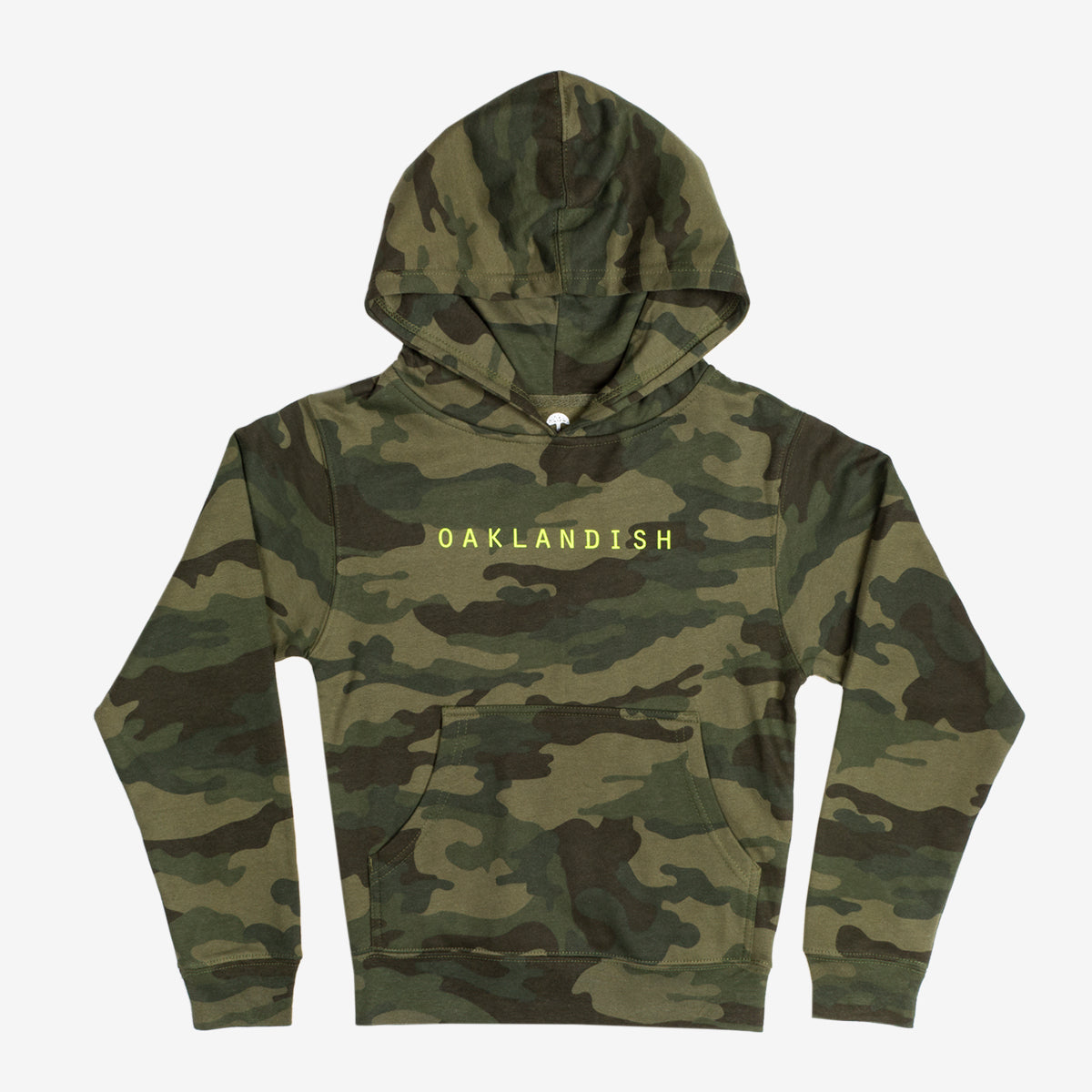 The Youth Classic Hoodie by Oaklandish is a kids' size green camo-patterned hoodie with long sleeves, a front pocket, and a hood. It features the word "OAKLANDISH" printed in yellow capital letters across the chest in a design that incorporates shades of green and black camouflage.