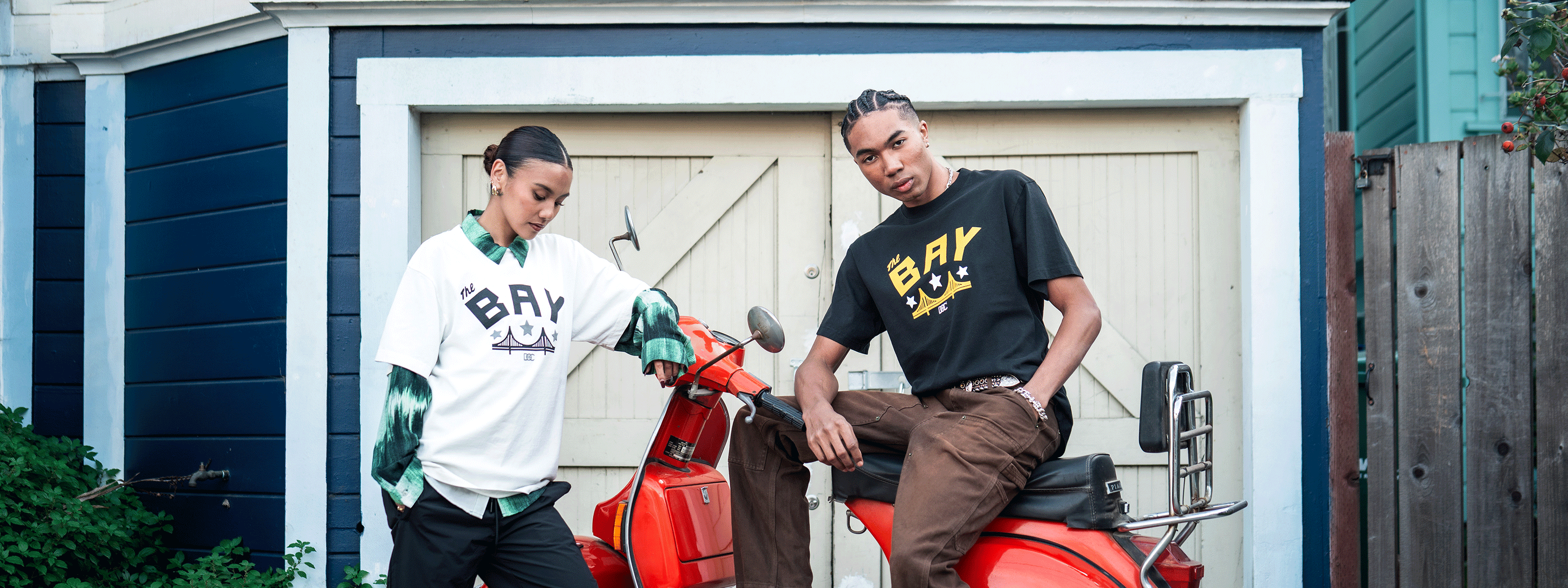A collage of Bay Area memorabilia, including sports jerseys, sneakers, hats, pennants, album covers, and posters surrounding a central text: "The Bay Makes The World Takes.