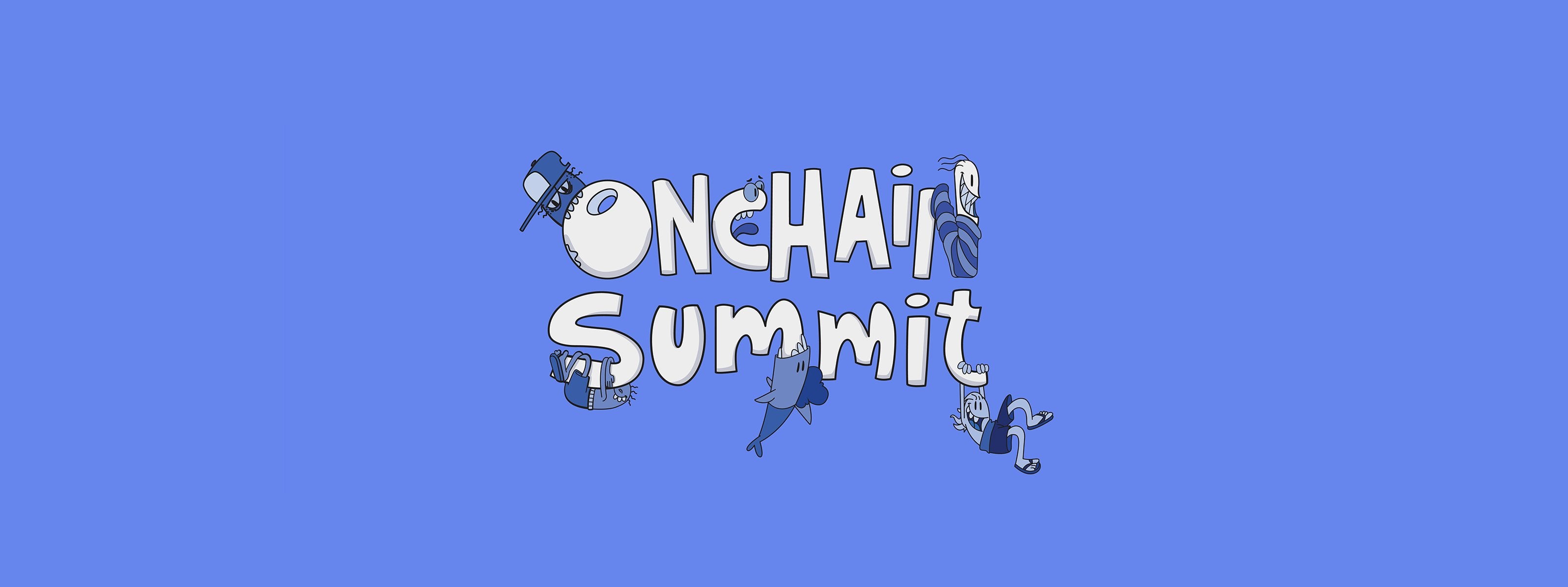 The text "ONCHAIN SUMMIT" is illustrated in large, playful white letters with blue outlines, featuring cartoon characters interacting with and hanging from the letters on a blue background.
