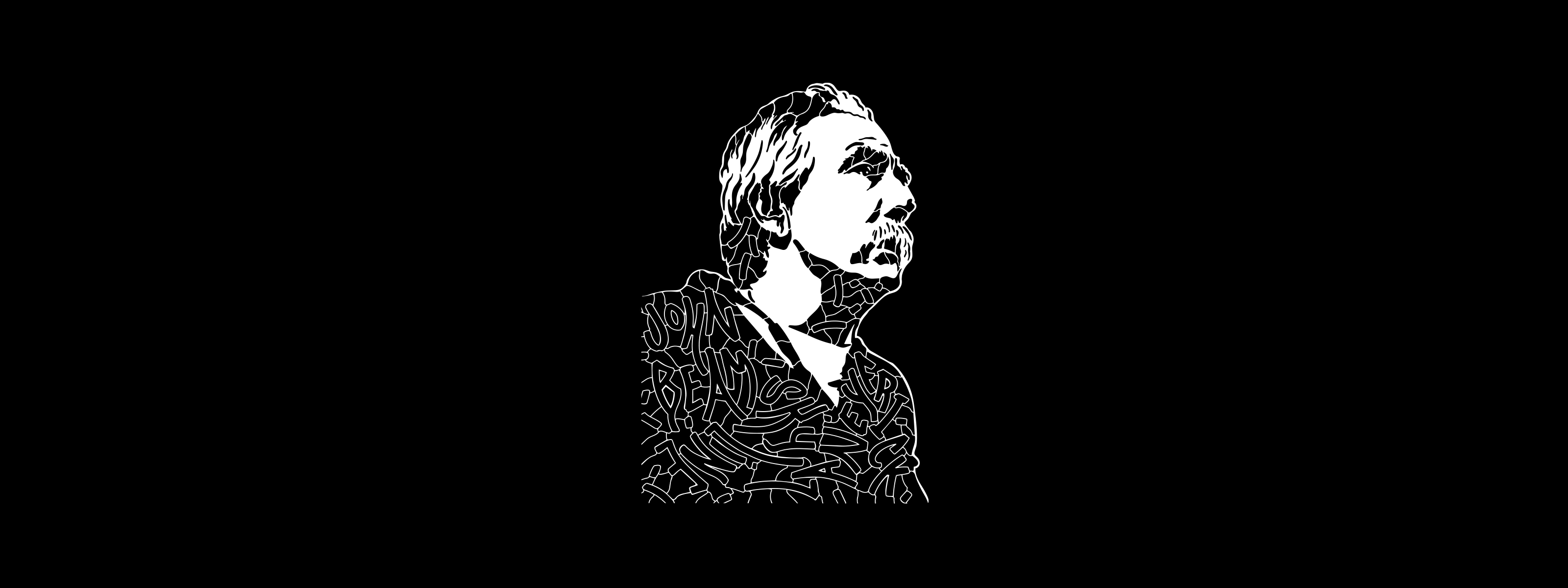 A black-and-white line art illustration of a person looking upward, with abstract, maze-like patterns forming their clothing and hair, set against a solid black background.